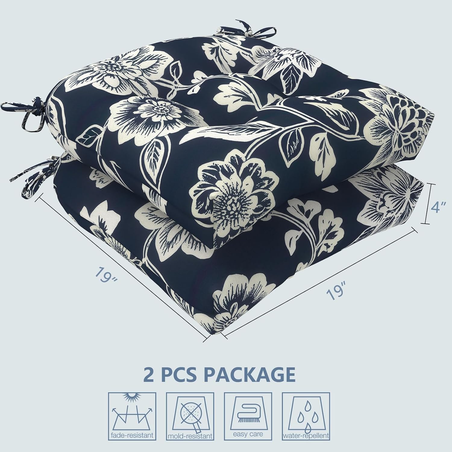 LVTXIII Outdoor U-Shaped Wicker Seat Cushion, Decorative Tufted Chair Pads Round Back Seat Cushion Set for Patio Garden Home Office Furniture, 19"x19"x4", 2 Pack, Elegant Vines Navy