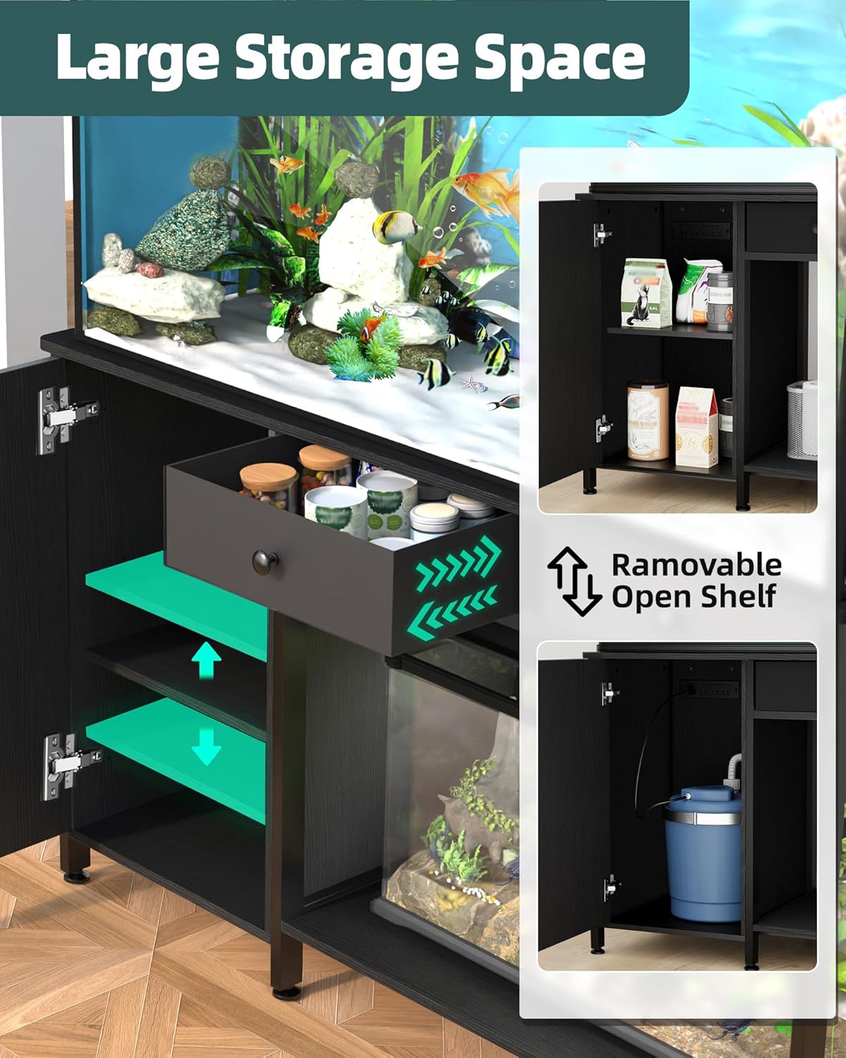 Fish Tank Stand for 55-75 Gallon Fish Tank: Aquarium Stand with Power Outlet - Metal 55 Gallon Tank Stand with Cabinet Drawer Storage for Turtle Tank, Reptile Terrarium (Black 1200LBS Capacity)