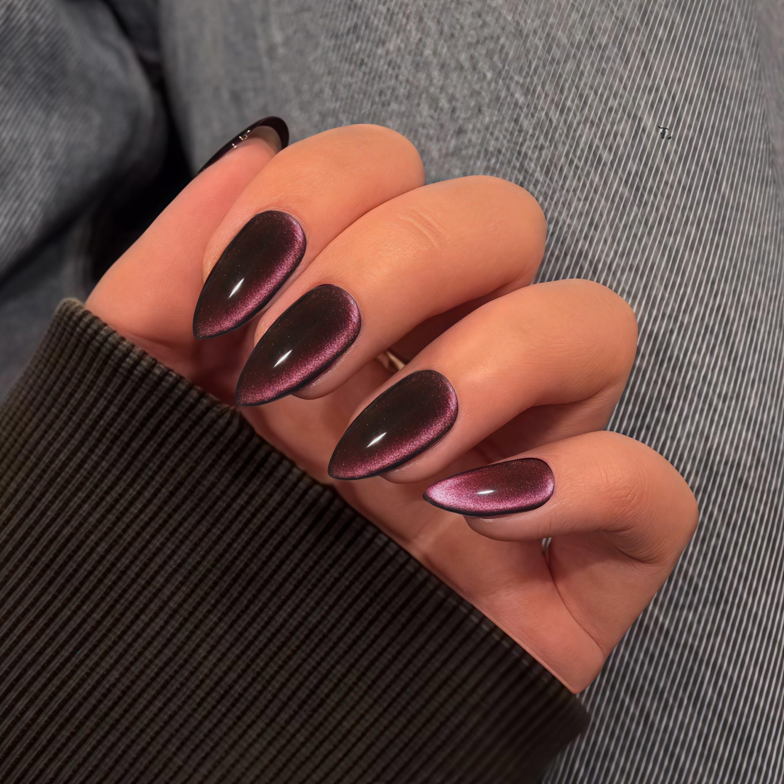 KQueenest Cat Eye Press on Nails Almond Medium, Glazed Glitter Black Pink False Nails Medium - Image 2