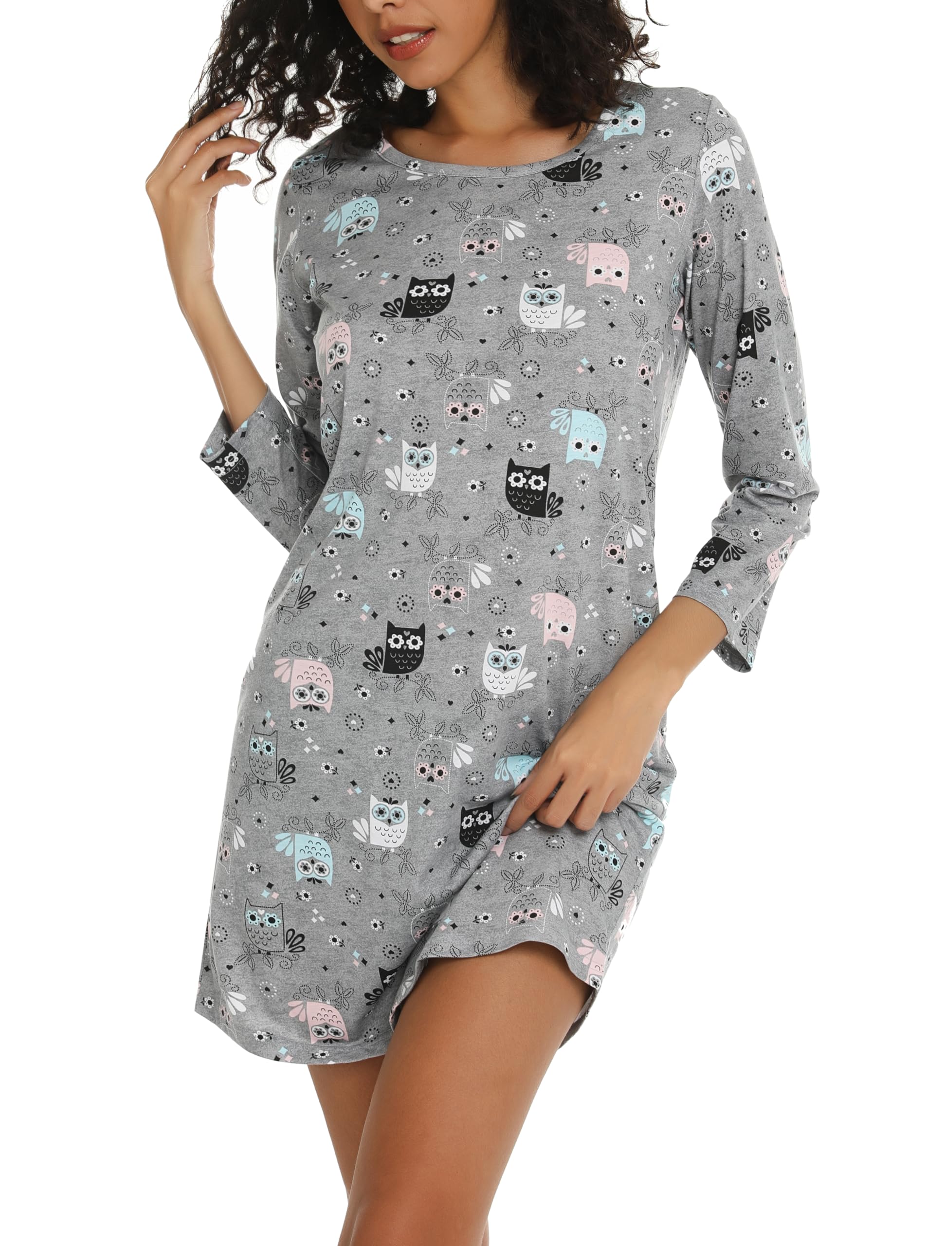 ENJOYNIGHT Camisón de algodón para mujer, manga larga, estampado