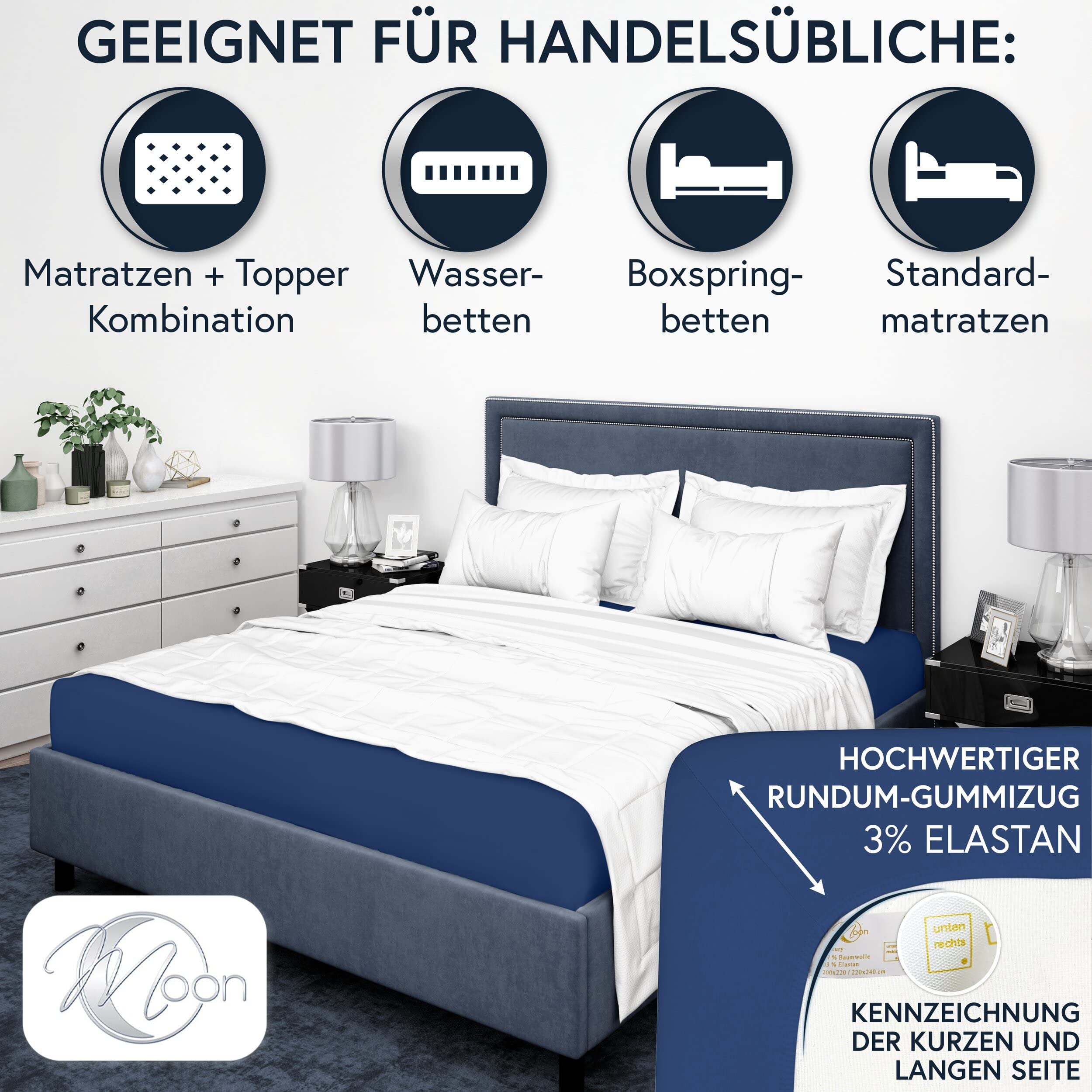 Moon -Luxury Prześcieradło z gumką, dżersej, 230 g/m², do łóżek wodnych, łóżek kontynentalnych i tradycyjnych materacy (ciemnoniebieskie, 200 x 220 – 220 x 240 cm)