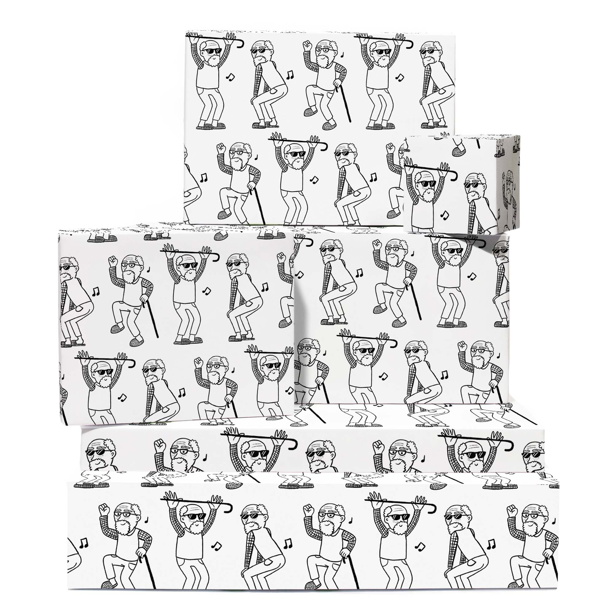Grandpa Wrapping Paper - 6 Sheets Giftwraps - Dancing Dad Old Men - Black And White Gift Wrap For Friends & Family Uncle Husband Grandfather - Christmas, Halloween, Retirement Parties - By Central 23