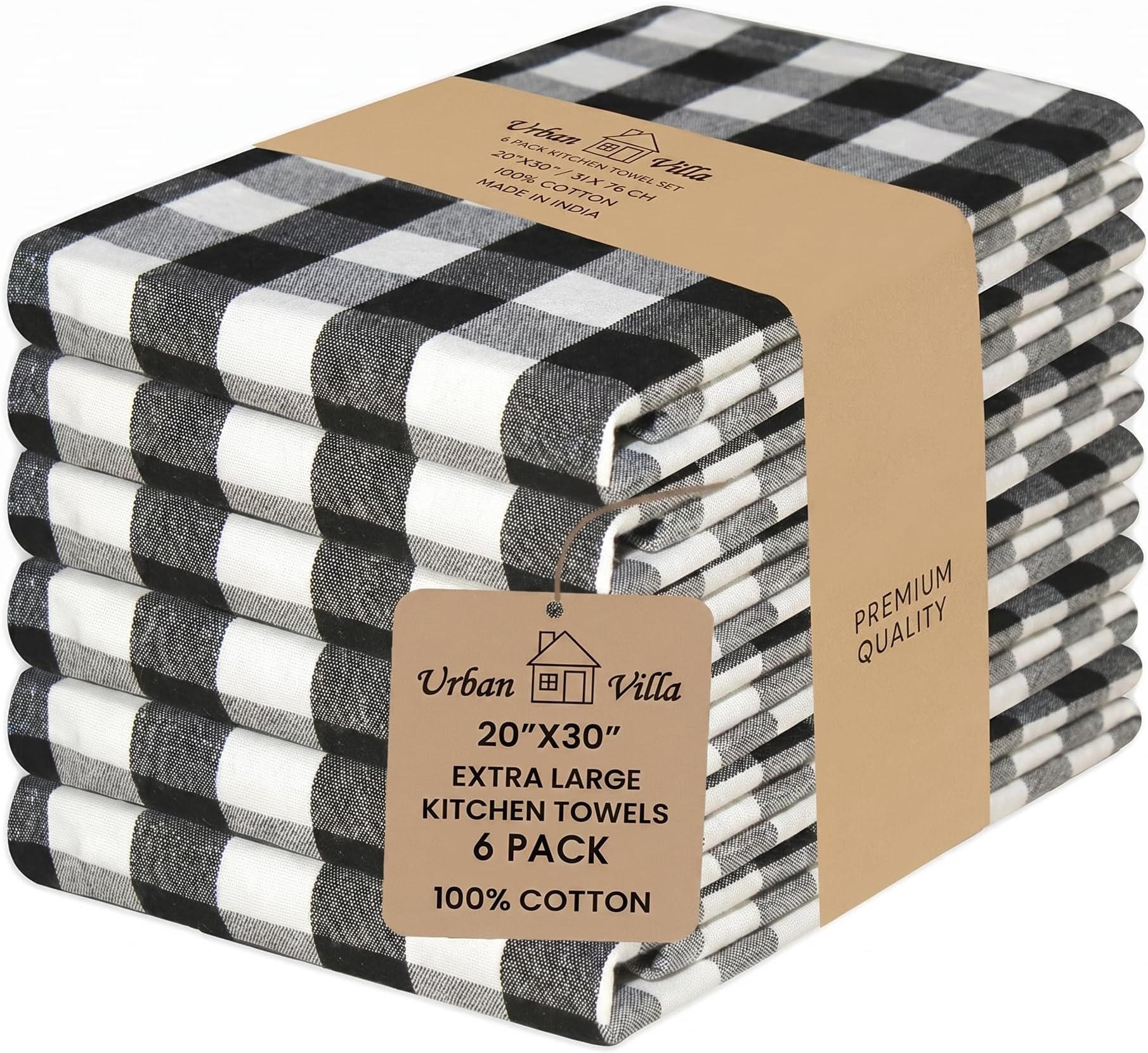 Urban Villa Kitchen Towels, Premium Quality,100% Cotton Dish Towels,Mitered Corners,Ultra Soft (Size: 20X30 Inch), Black/White Highly Absorbent Bar Towels & Tea Towels - (Set of 6)