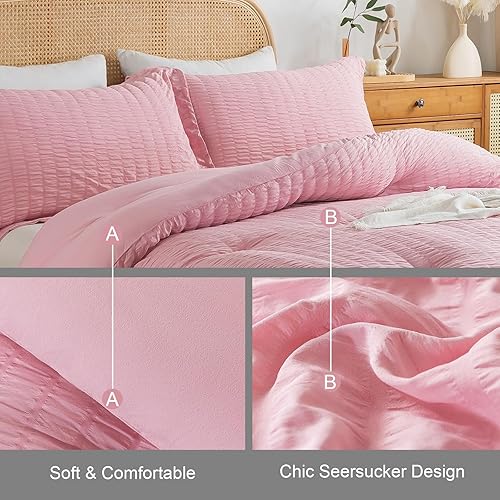 Miniatura 5 de Cosybay Juego de edredón tamaño matrimonial  Juego de edredón de 3 piezas de sirsaca, juego de edredón alternativo de plumón rosa para todas las
