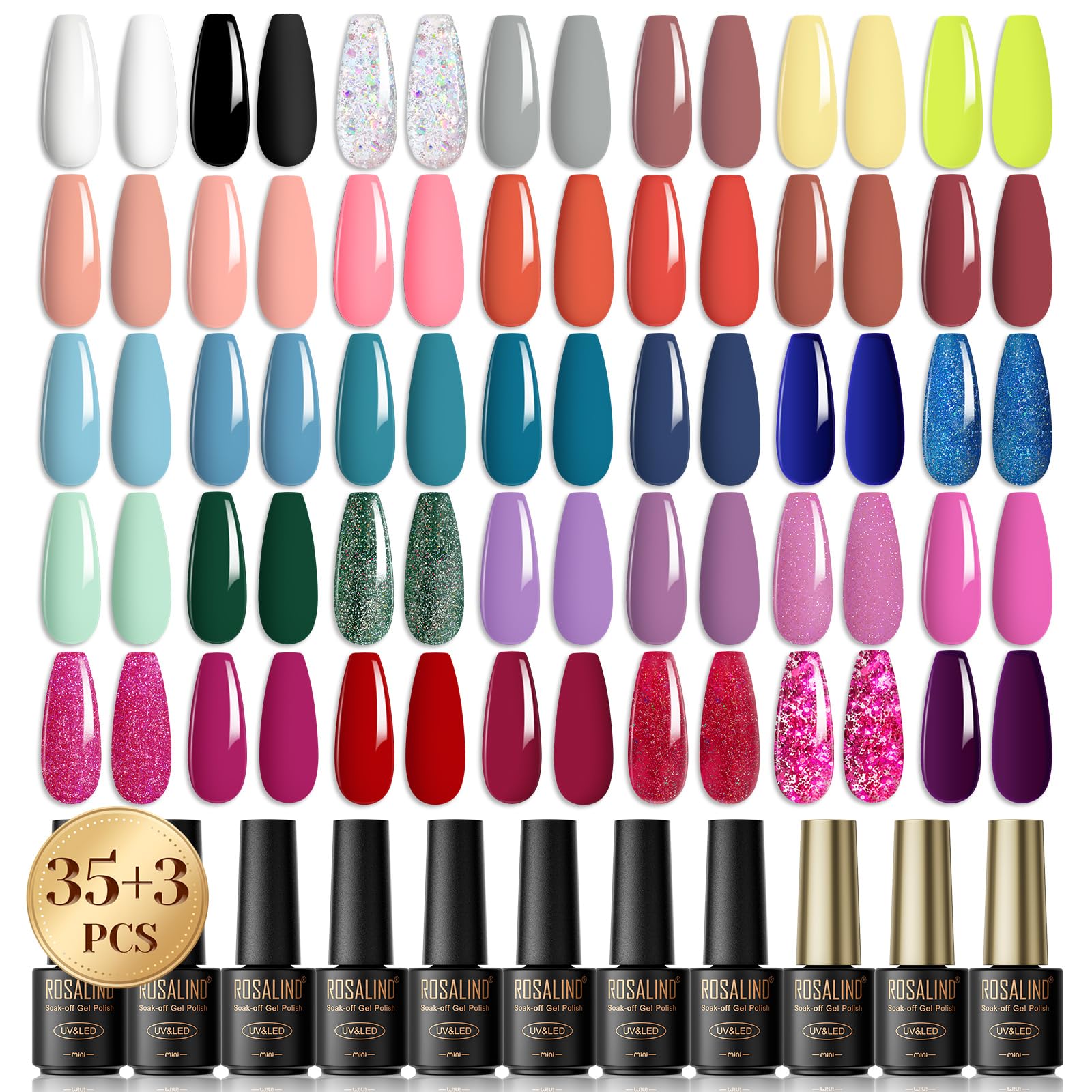 ROSALIND 38 Pcs Esmalte Semipermanente,35 Colores Mini Pintauñas Semipermanentes Remojo con Base, Top Coat Brillante y Mate, Esmalte de Uñas Semipermanentes de Blanco NegroGris Plateado