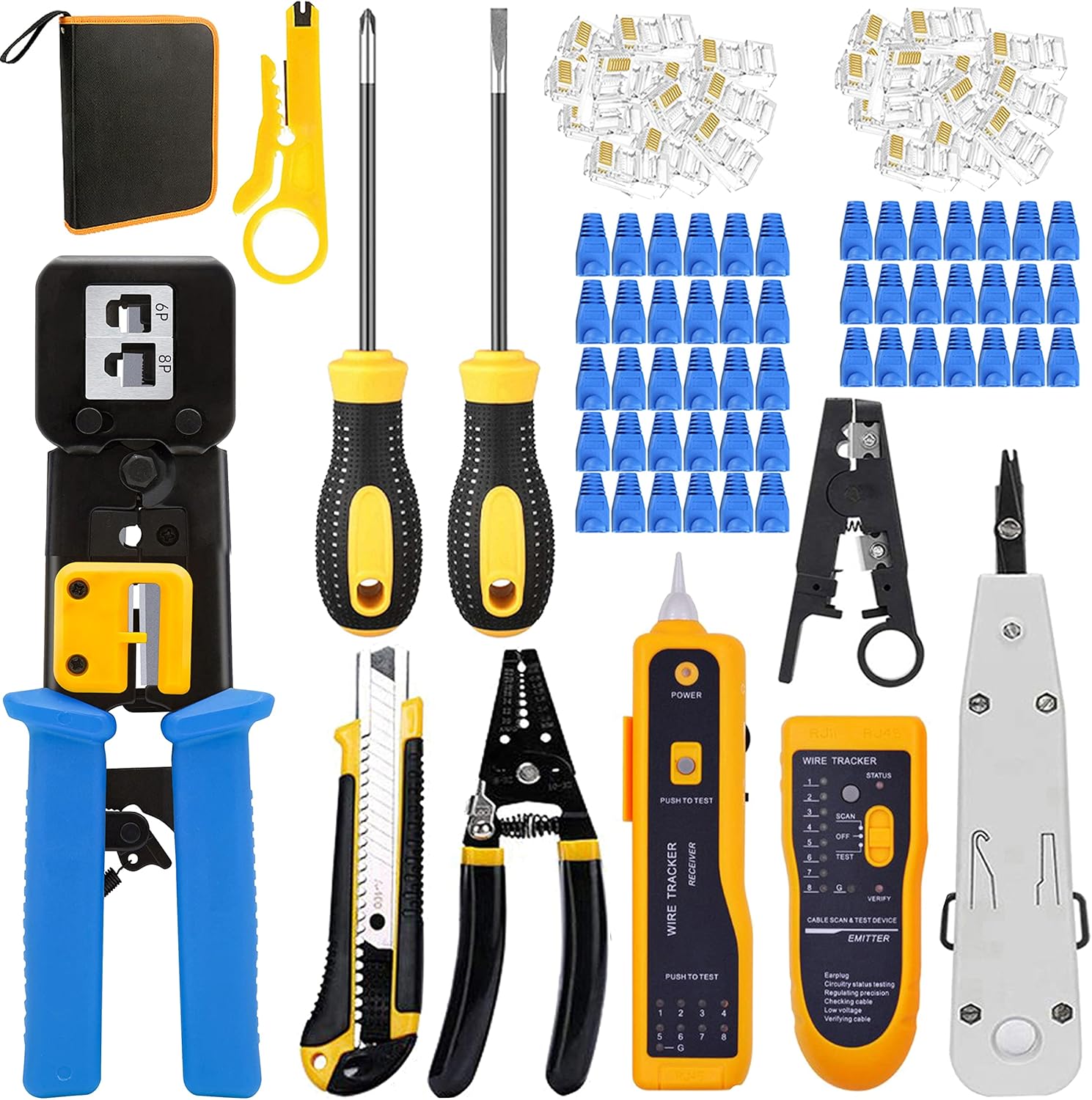 LEATBUY RJ45 Crimp Tool Ethernet Crimper Kit CAT5/CAT6 Crimping Tool Set for Pass Through with 50PC Connector, 50PC Cover Network LAN Wire Cable Punch Down Stripper(YELLOW)