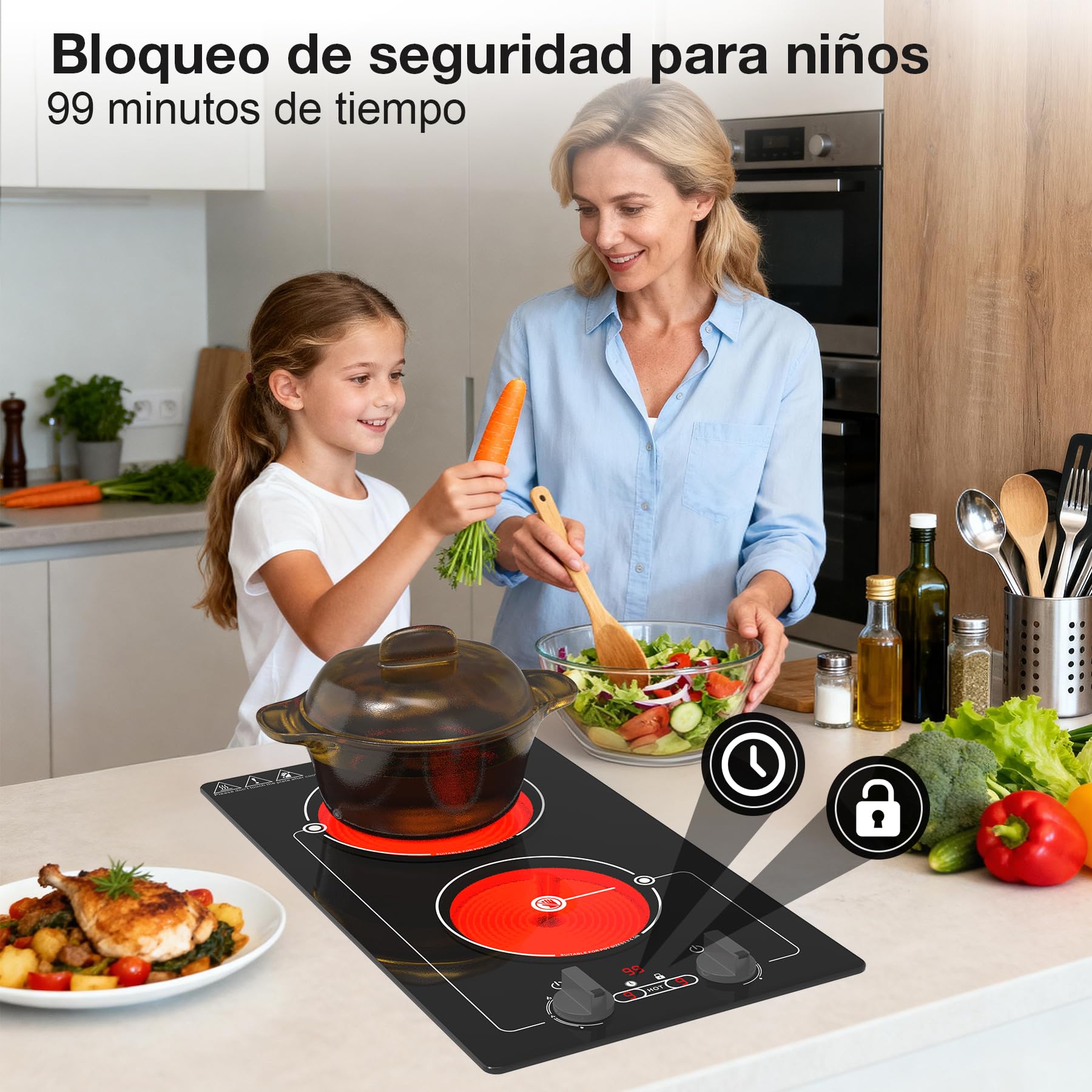 VBGK vitro portatil 2 fuegos, 220V 3000W placa vitroceramica con botón de control, 9 niveles, bloqueo y temporizador para niños