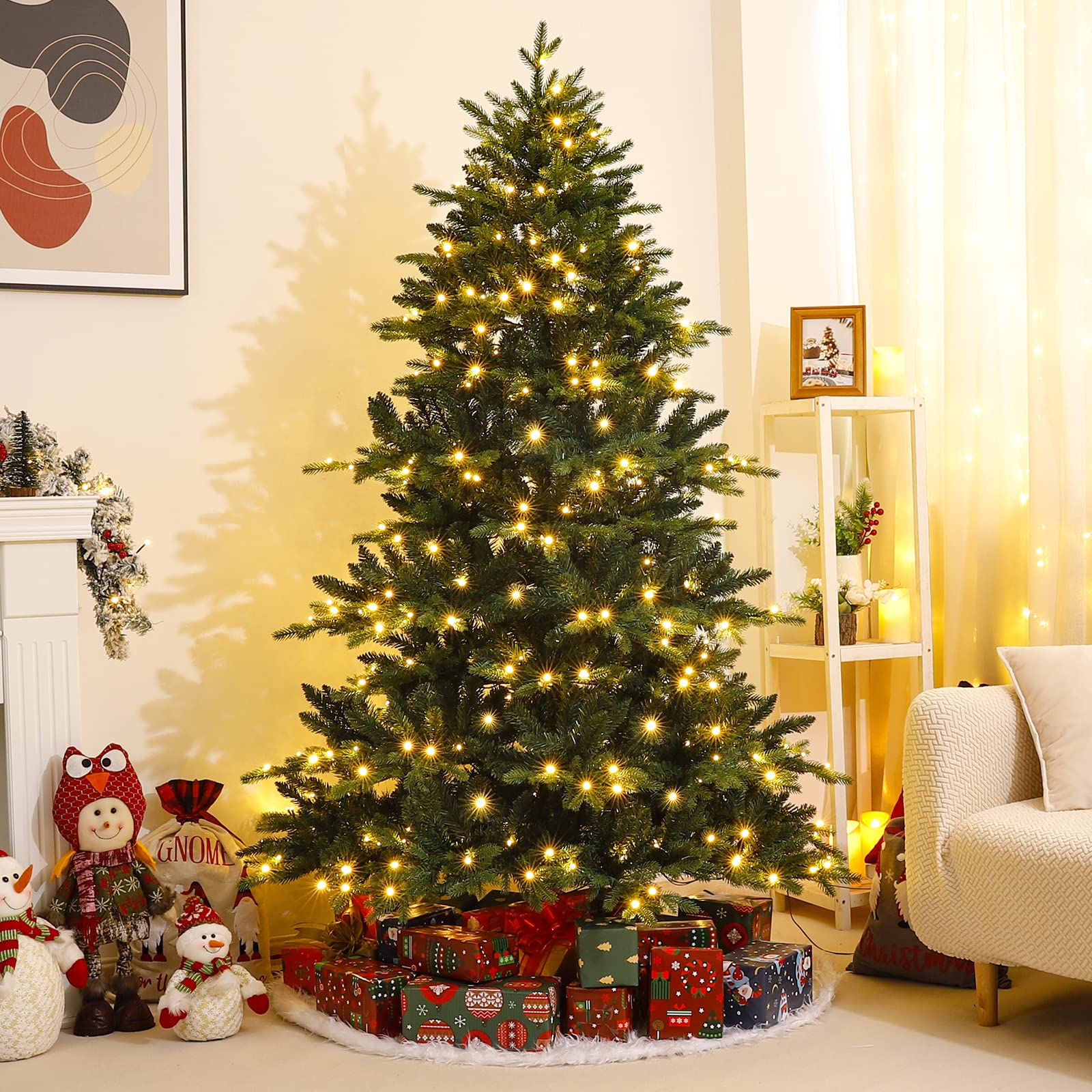 Yorbay Künstlicher Weihnachtsbaum mit Beleuchtung LED: 150 cm Naturgetreu | Mehrweg Tannenbaum mit Stabil Holzständer für Weihnachten Dekoration - Premium Nordmanntanne aus PE&PVC und Dichte Zweige