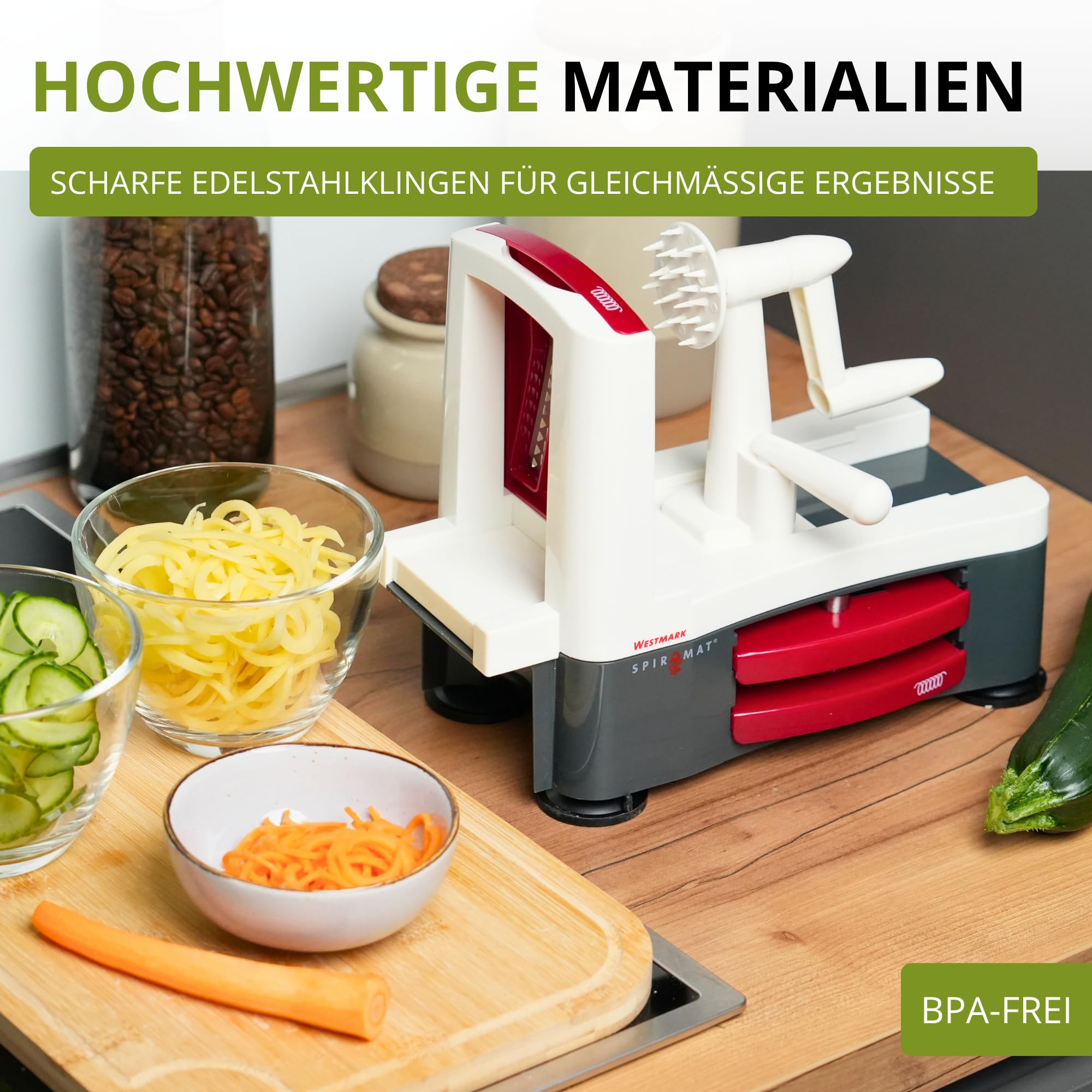 Westmark Spiralschneider im Set mit Sparschäler für Gemüsenudeln, Zoodles und Obstspiralen, Gemüseschneider mit 3 Schneideinsätzen Spiromat und Kartoffelschäler Gallant, 113322E6