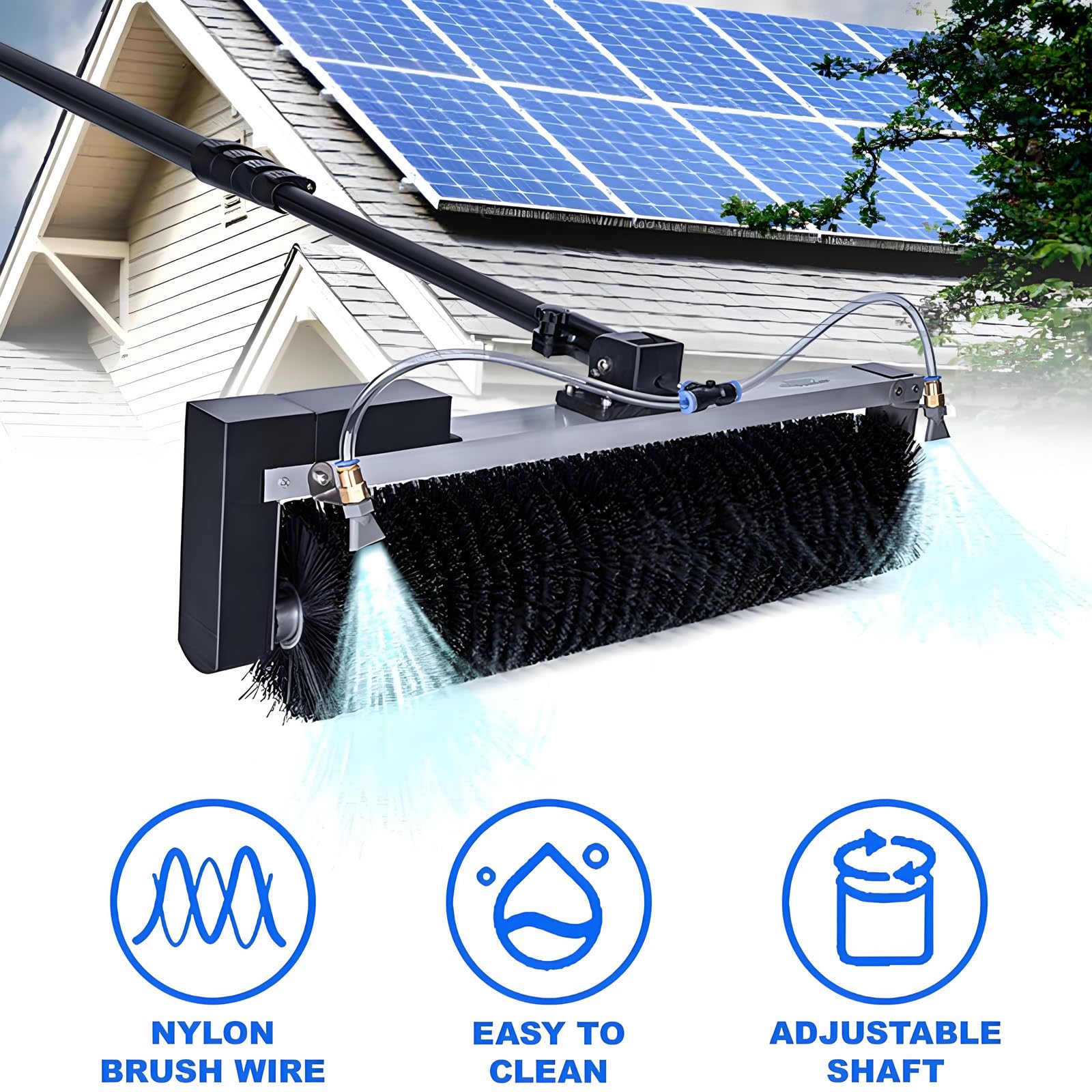Cepillo de limpieza de paneles solares con poste telescópico de 25 pies, rociador de agua automático, para uso residencial