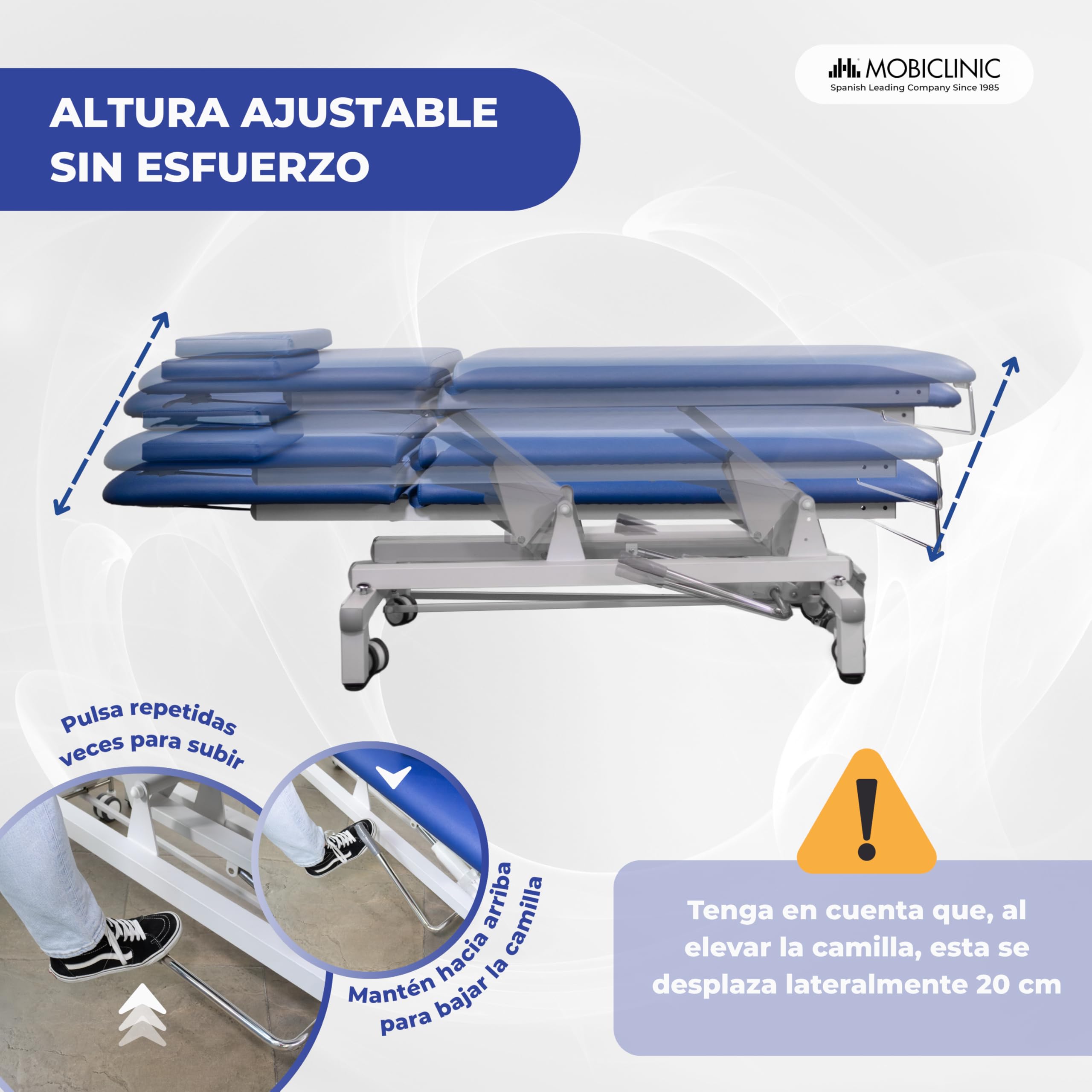 Mobiclinic®, Camilla Hidráulica Dos Cuerpos, Ajustable en Altura, 180 Kg | Respaldo Reclinable, 194 x 70 x 83 cm, Ruedas Escamoteables, Agujero Facial, Portarrollos, Profesional, Masaje, Estética