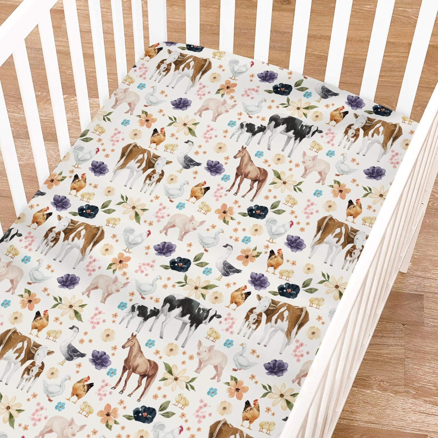 Baby Farm Animal Boho Floral Fitted Baby Crib Sheet Girl Boy 52"x28" Cow Horse Pig Chicken Duck Crib Mattress Cover Farm Life Soft Breathable Baby Sheets for Standard Crib and Toddler Bed Mattress