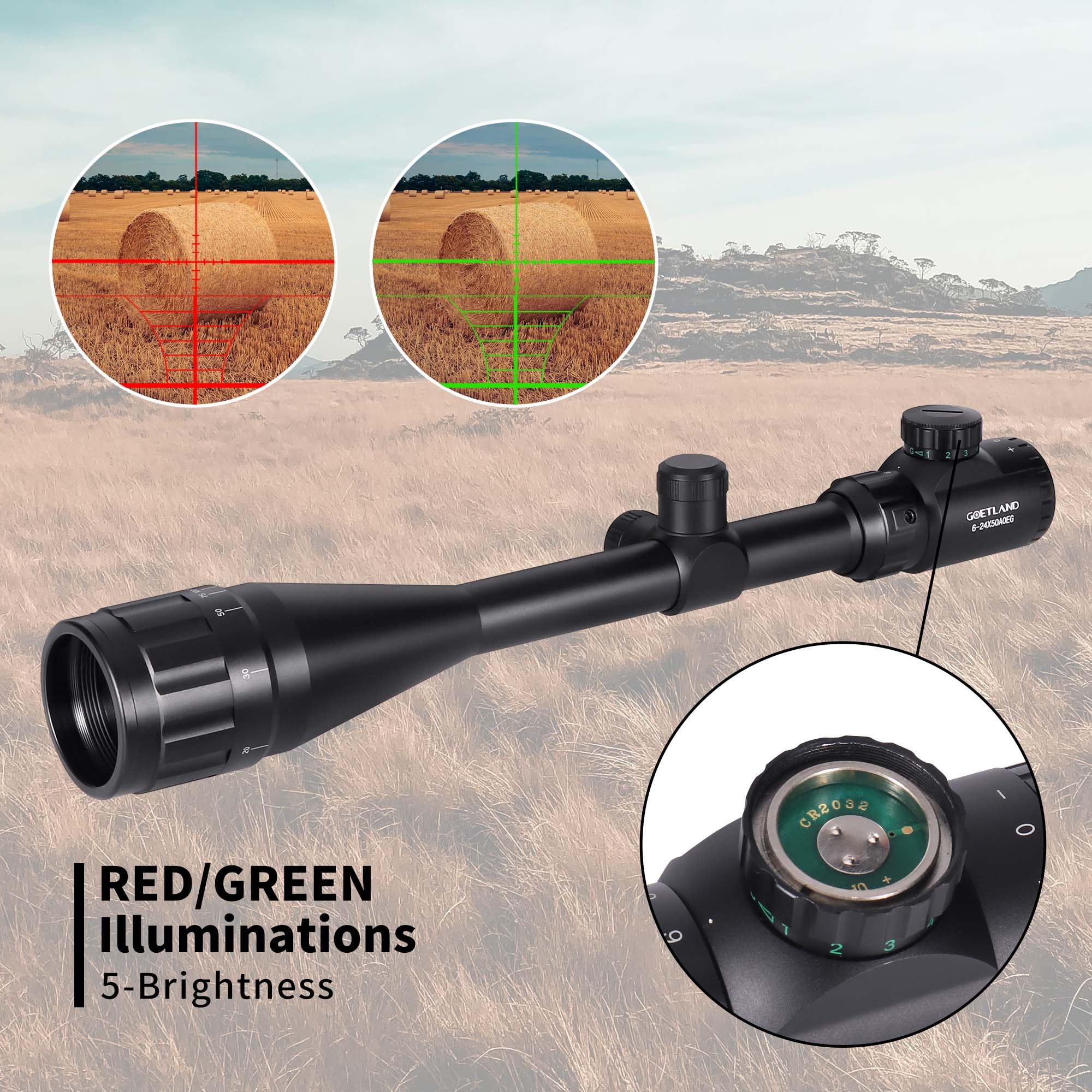 Goetland Lunettes de Visée 6-24x50 AOEG Telemetre Red Dot Rouge Vert Illuminé Rangerfinding SFP pour Tactique Chasse Airsoft Arbalète Carbine Tir Sportif