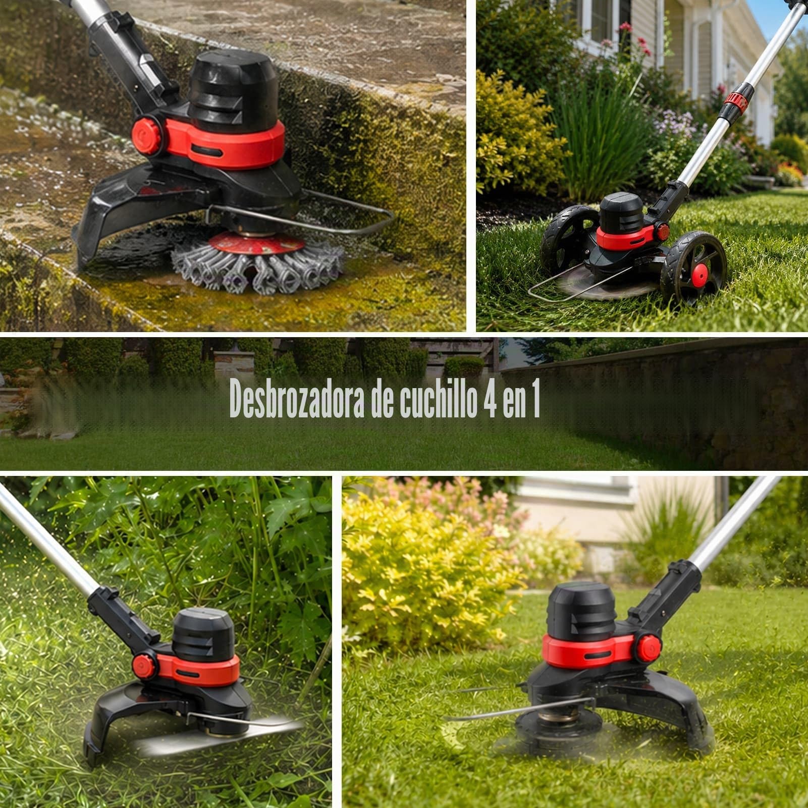Desbrozadora Bateria 24V BRUSHLESS Desbrozadora con Cepillo de Malezas, Cepillo de Malezas, 2 Baterías 4,0Ah, Corte Φ30cm, Ruedas, 4 en 1 Multifuncion Cortabordes Bateria, Cortacesped