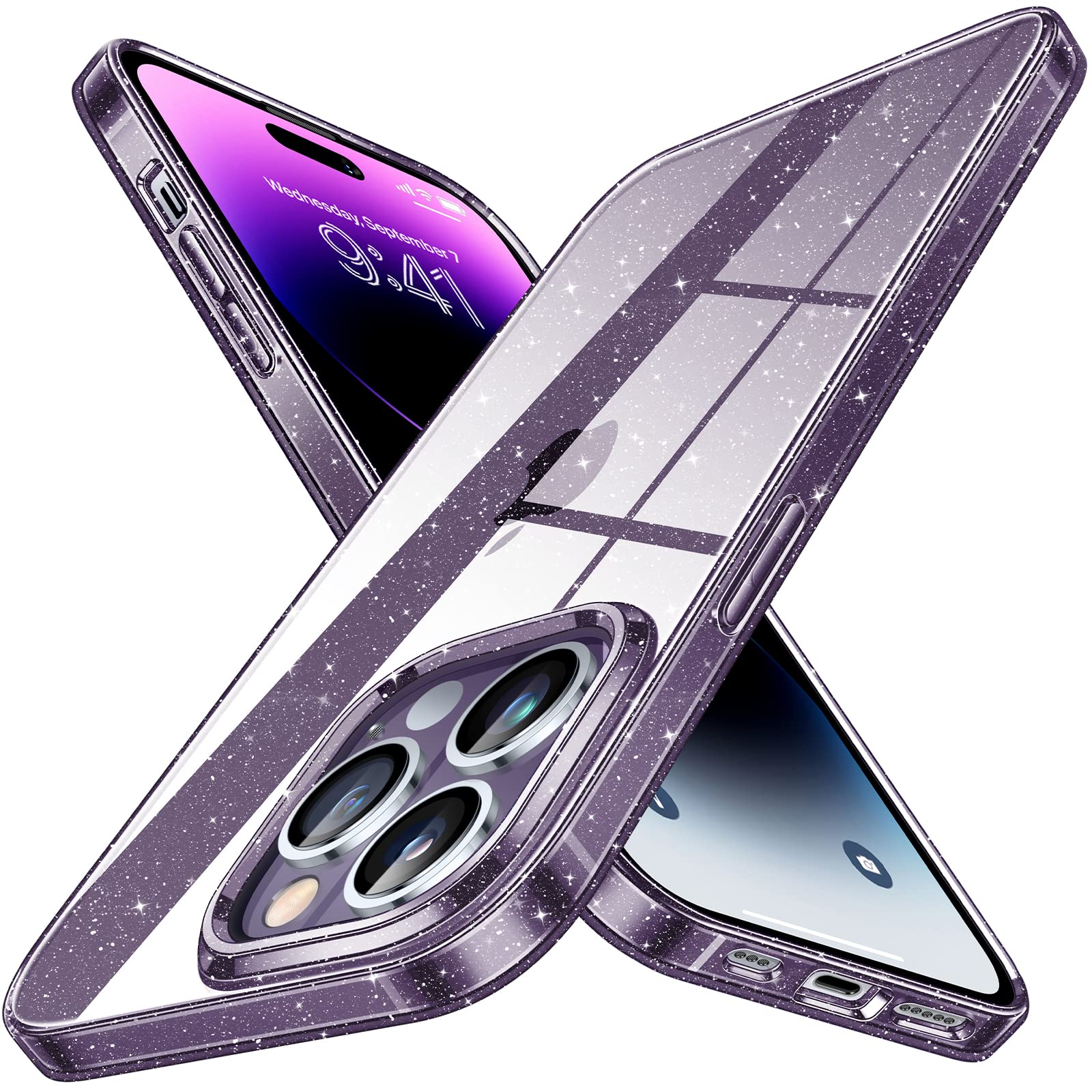 SimtectDesigned for iPhone 14 Pro Case [Strongly 10 FT Military Drop Protection] [Anti-Fingerprints] Slim Fit Yet Protective Shockproof Bumper with Airbag Case 6.1"- Clear Glitter