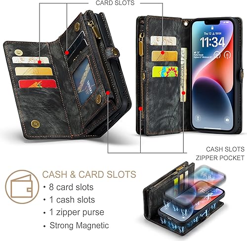 Miniatura 9 de Asuwish Funda compatible con iPhone 15 de 6.1 pulgadas con cremallera, protector de pantalla de vidrio templado desmontable y tarjetero abatible