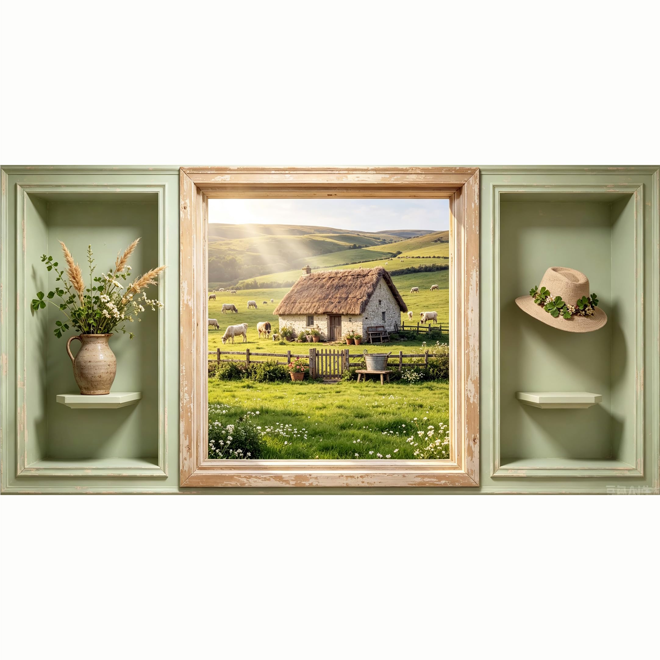 QZLITHOTIC 50x100cm 3D Framed Wall Art， Farmhouse Countryside Sheep Cottage Landscape Self‑Adhesive Mural， Water‑Activated Peel & Stick Fabric Decor Wall Decal for Bedroom Living Room