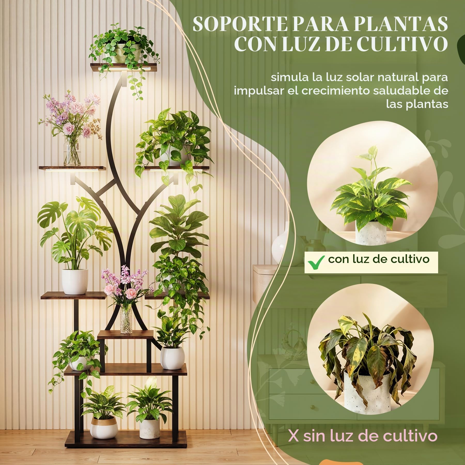 Soporte Plantas Interior con Luz de Crecimiento, 162 cm de Alto, Estanteria Plantas 8 Niveles, Soporte para Planta Madera & Metal para Salón, Terraza, Jardín, Balcón, Decoración Del Hogar