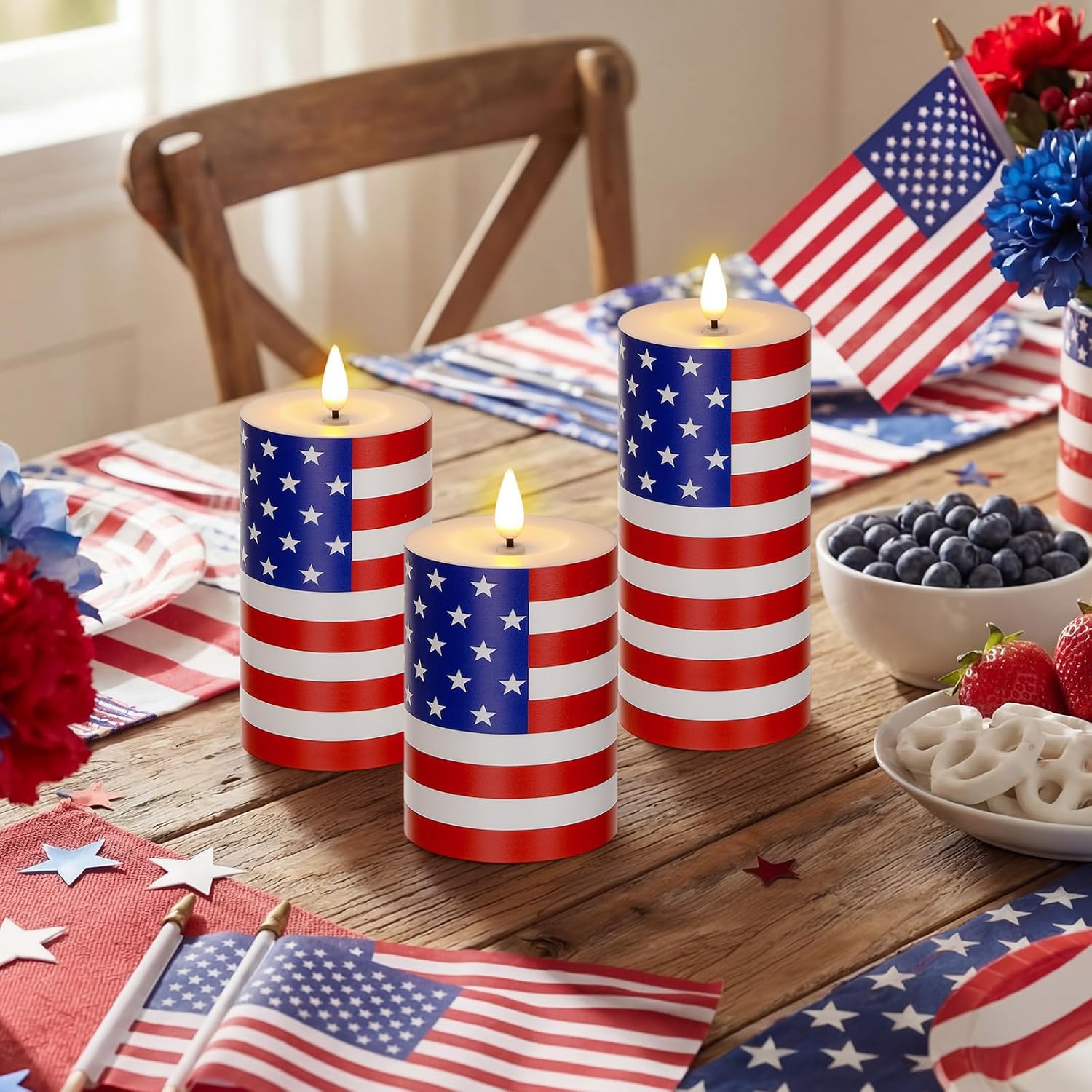 Tuanse Set of 3 Patriotic American Flag Flameless Candles Battery Operated 4th of July American Flag Pillar Candle, Mixed Size LED Light Candle for Table Dinner Independence Memorial Day Table Decor
