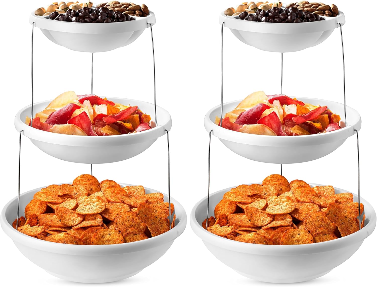Masirs 3-Tier Collapsible Bowl: Decorative Design Folds for Minimal Storage. Ideal for Serving Snacks, Salad, and Fruit. Top Bowl Divided into Three Sections. (Pack of 2)