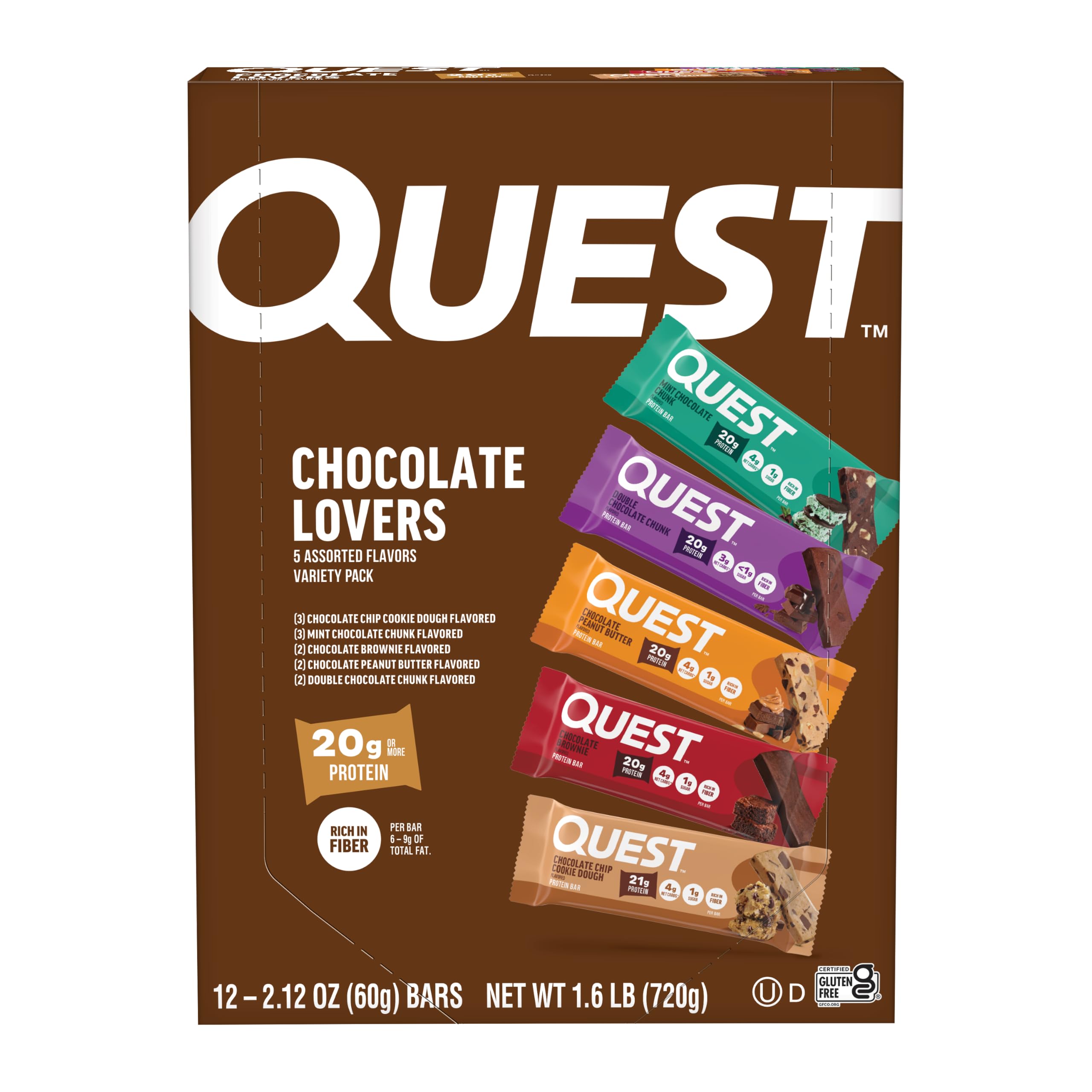 Quest Nutrition Chocolate Lovers Variety Pack, High Protein, Low Carb, Gluten Free, Keto Friendly, 12 Count