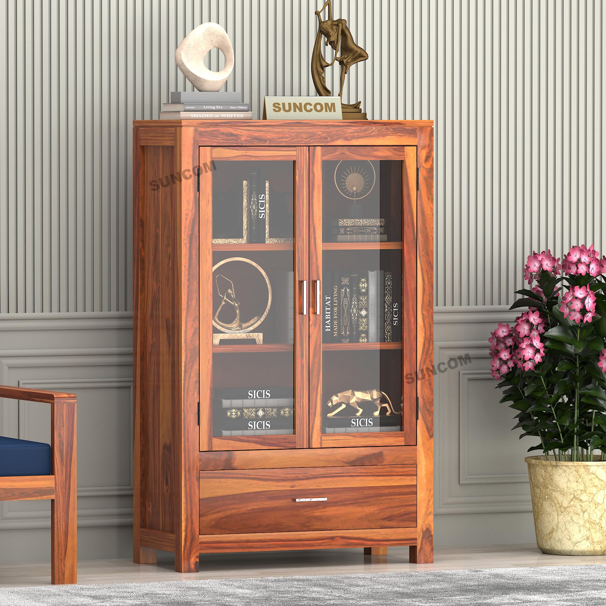 SUNCOM Sheesham Wood Book Shelf for Home Library - Bookshelf with Glass Door & Drawers Storage - Kitchen Crockery Cabinet, Almirah, Study Room Furniture Books Rack, Book Stand (Natural Finish)-image-14