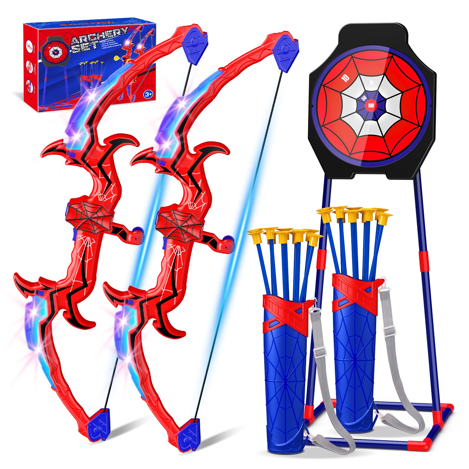 Aetyni Spider Bow and Arrow for Kids, 2 Pack Archery Target Outdoor Toys Age 5-7 8-13 Boys Toys Light Up Shooting Games for 4 5 6 7 8-12 Year old Boy Birthday Gifts Bow Arrow Indoor Cool Stuff for Kid