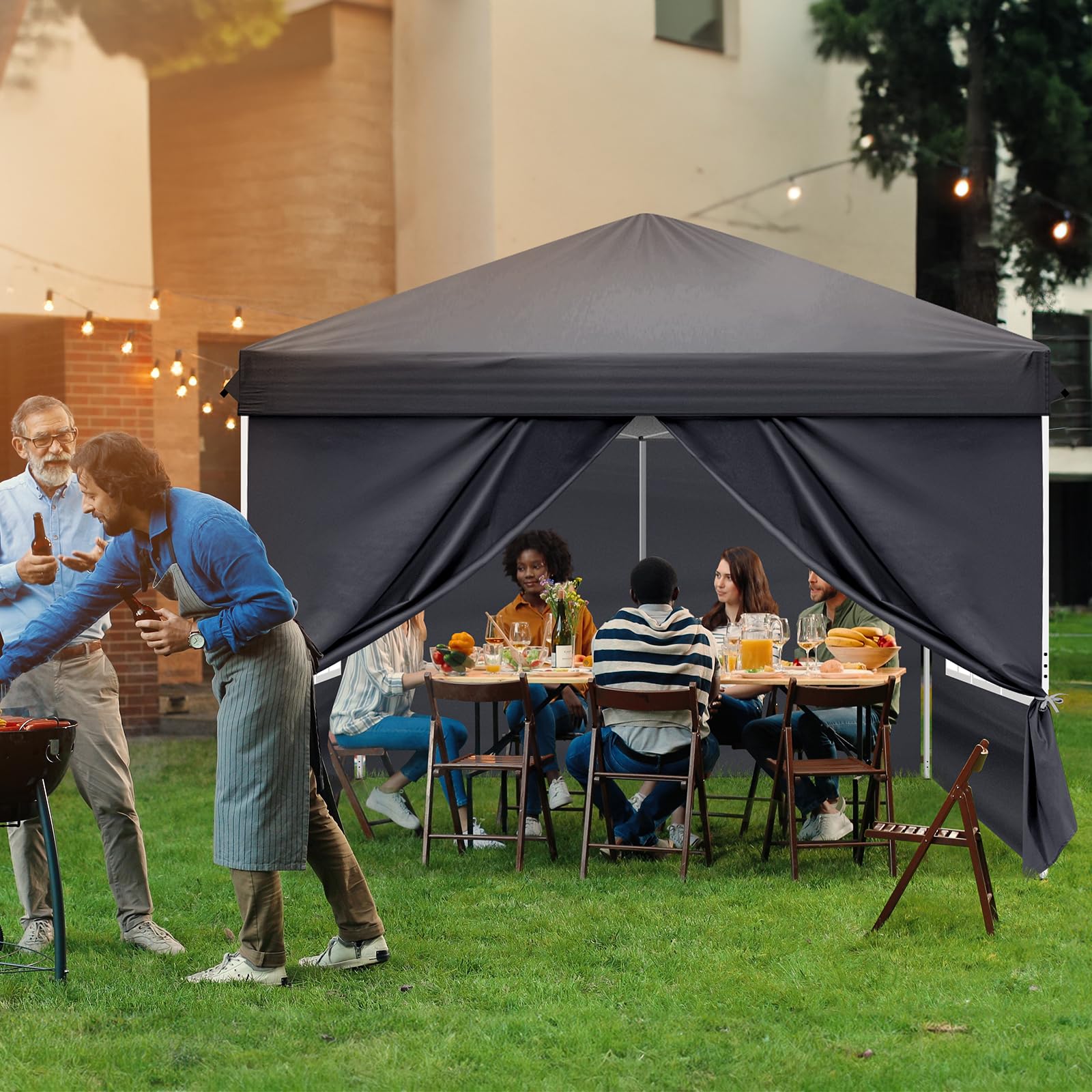 LEADZM Tonnelle Pop-Up Pliante 3x3m Cadre Métal Gris Foncé | Hauteur modulable, tissu étanche anti-UV 50+, 4 panneaux latéraux inclus, structure stable pour réception, jardin et camping