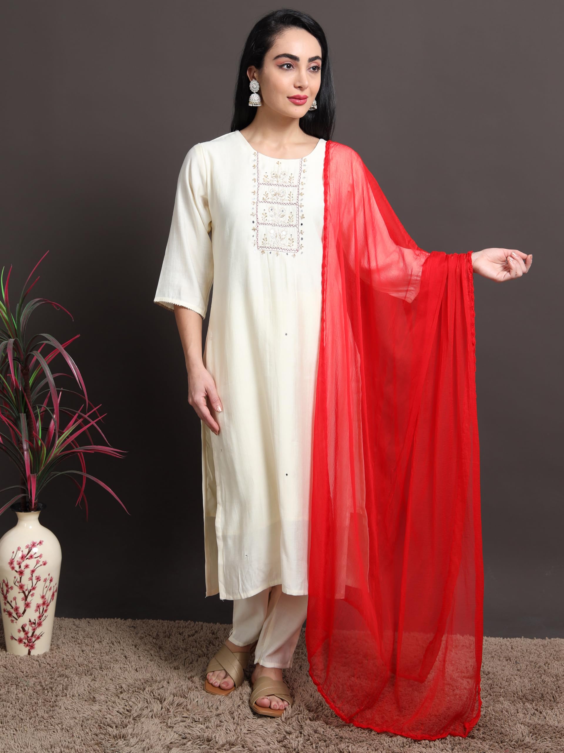 Miraan Solid Pure Chiffon Dupatta with Woven Border, 2.25 meters length (CHIFFDUPRED01_Red) - Image 3 thumbnail