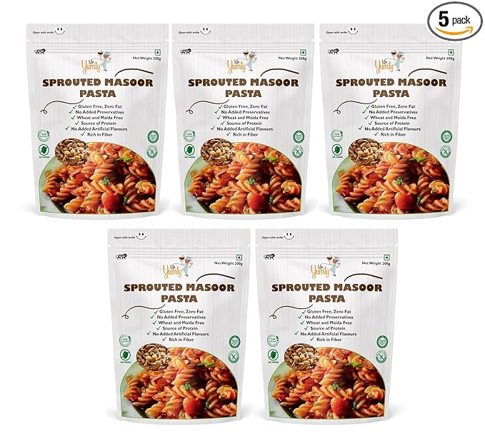 Gluten Free Sprouted Masoor Pasta | No Wheat, No Maida | A rich source of Proteins and Fiber, 200g (Pack of 5)