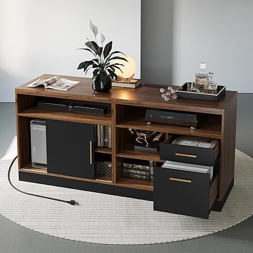 63" Wood Lateral File Cabinet with Lock, Filing Cabinet for Home Office with Adjustable Storage Shelves, Wide Office Credenza, Fits Letter/A4 Size, Black Walnut