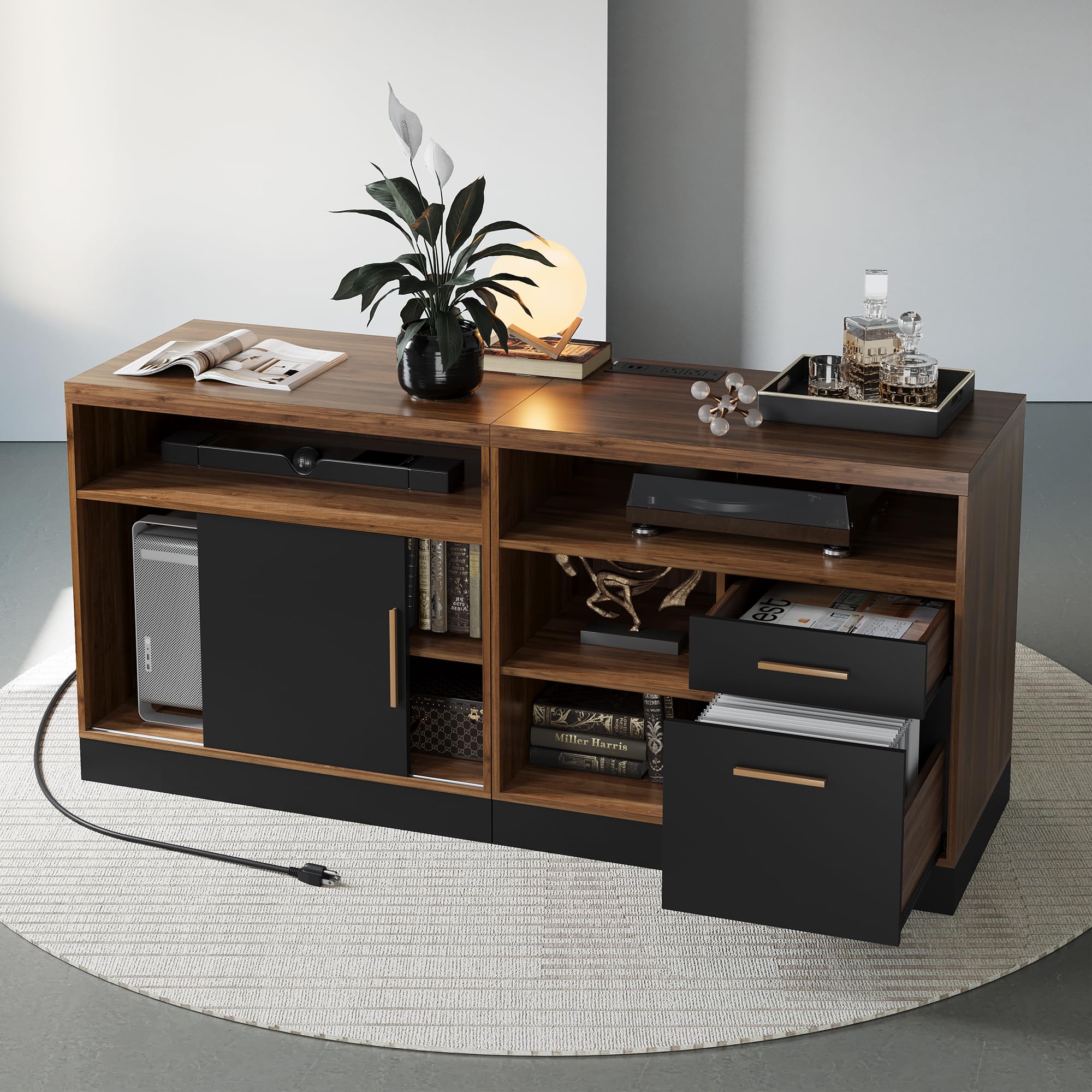 63" Wood Lateral File Cabinet with Lock, Filing Cabinet for Home Office with Adjustable Storage Shelves, Wide Office Credenza, Fits Letter/A4 Size, Black Walnut