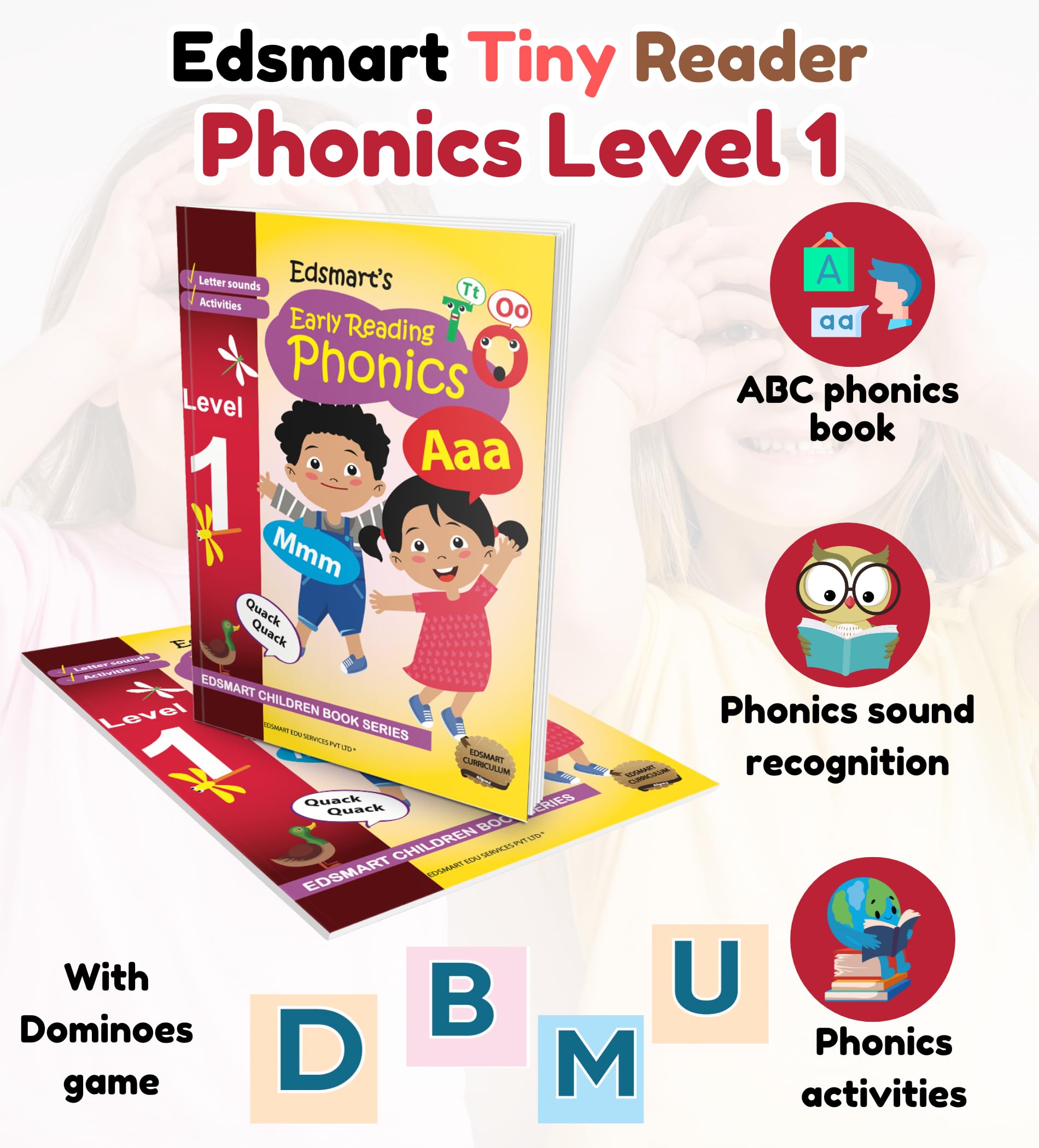Edsmart English phonics book and game for kids, phonics reader level 1 for 3 years beginners , phonics workbook , phonetic book, Learning Letter ... includes dominoes game to add fun in learning