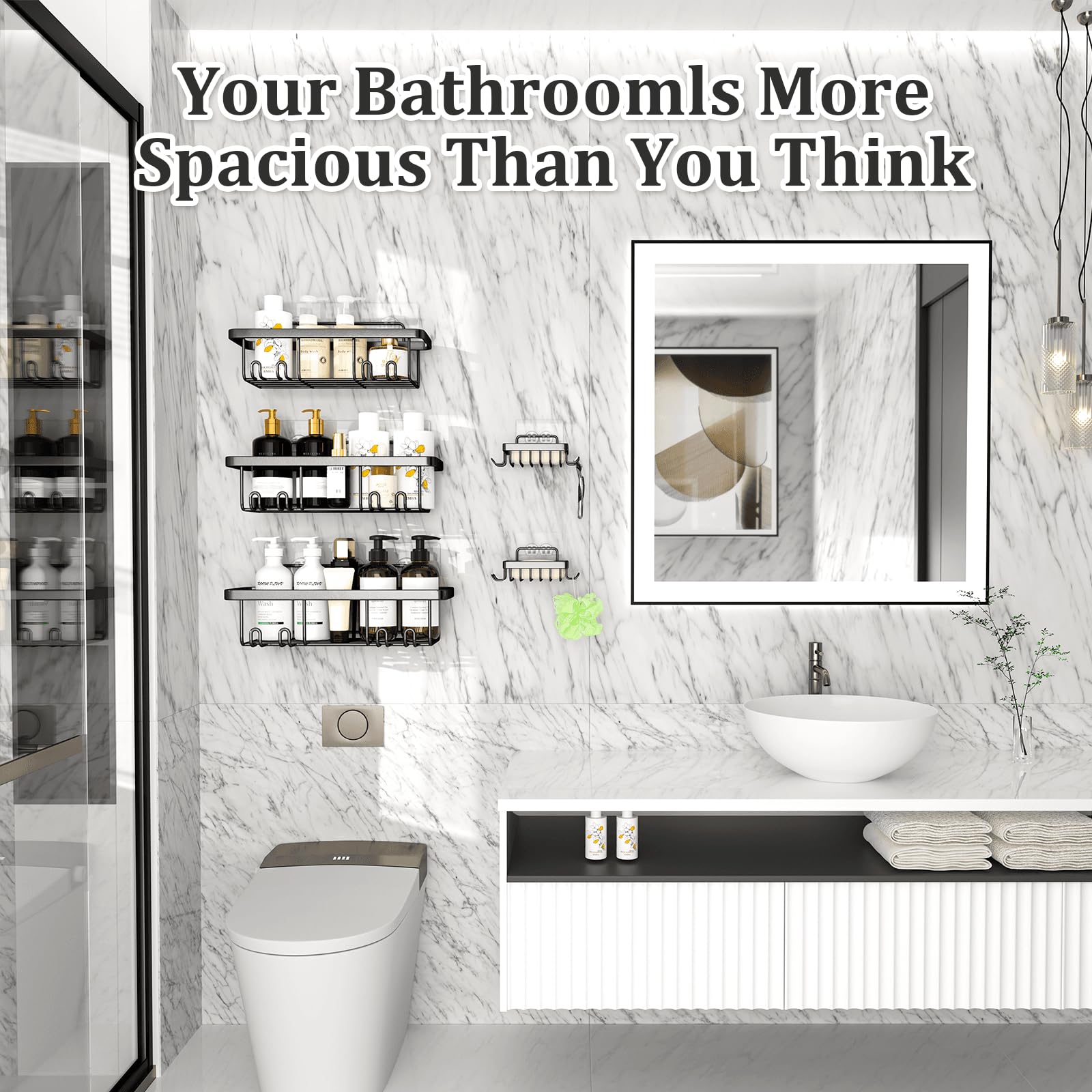 Ymozto Adhesive Shower Caddy,5 Pack Rustproof Stainless Steel Bathroom Organizers and Storage,Large Capacity Bathroom Shower Organizer,No Drilling Shelves for Storage & Home Decor,Black