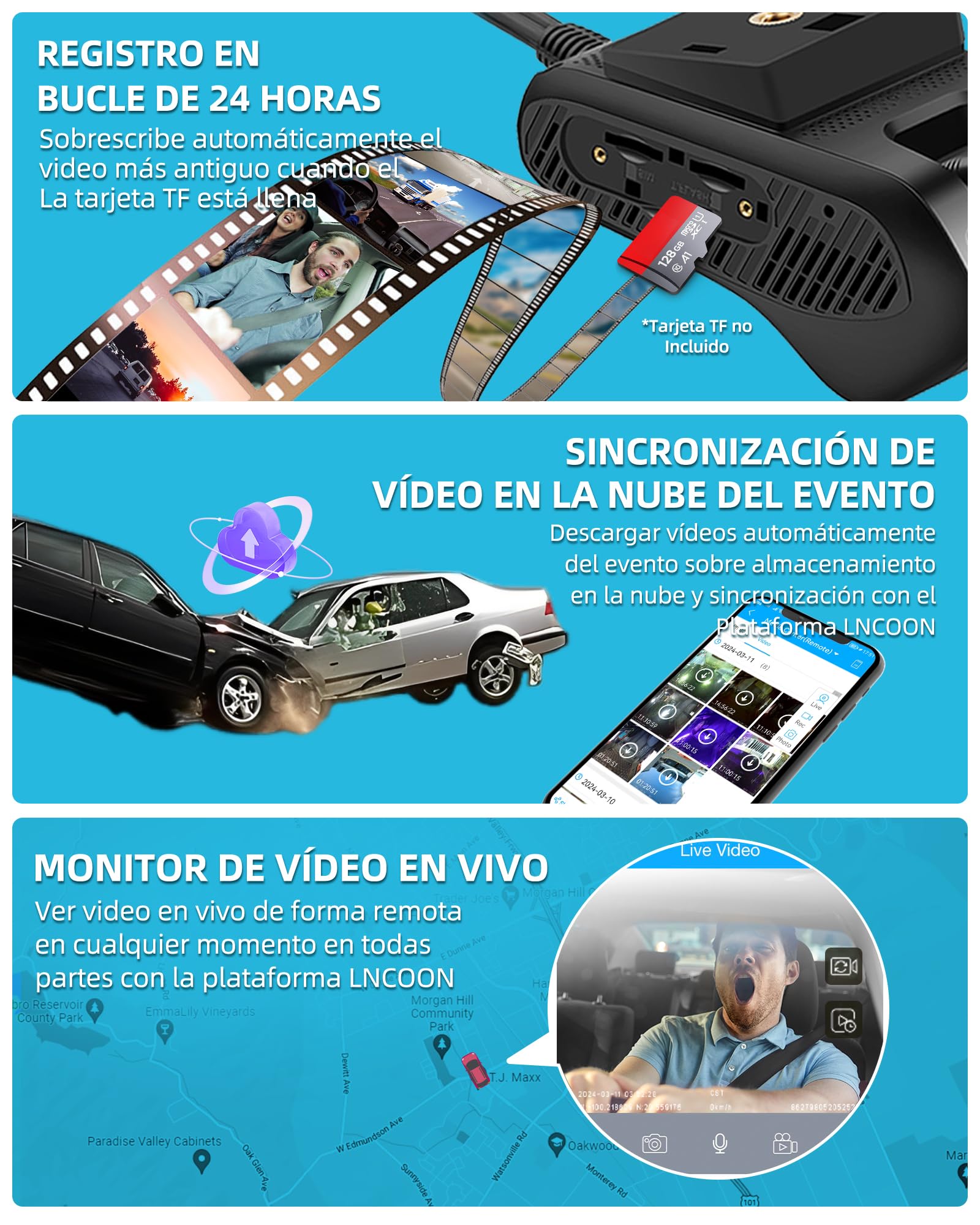 ADAS Dashcam Cámara Coche WiFi 4G Frontal e Interior, Monitor Remoto, Vídeo en Vivo, Cámara de Salpicadero Dual para Coche 1080P con GPS, Sensor G, Corte de Combustible, Llave SOS - JC261P