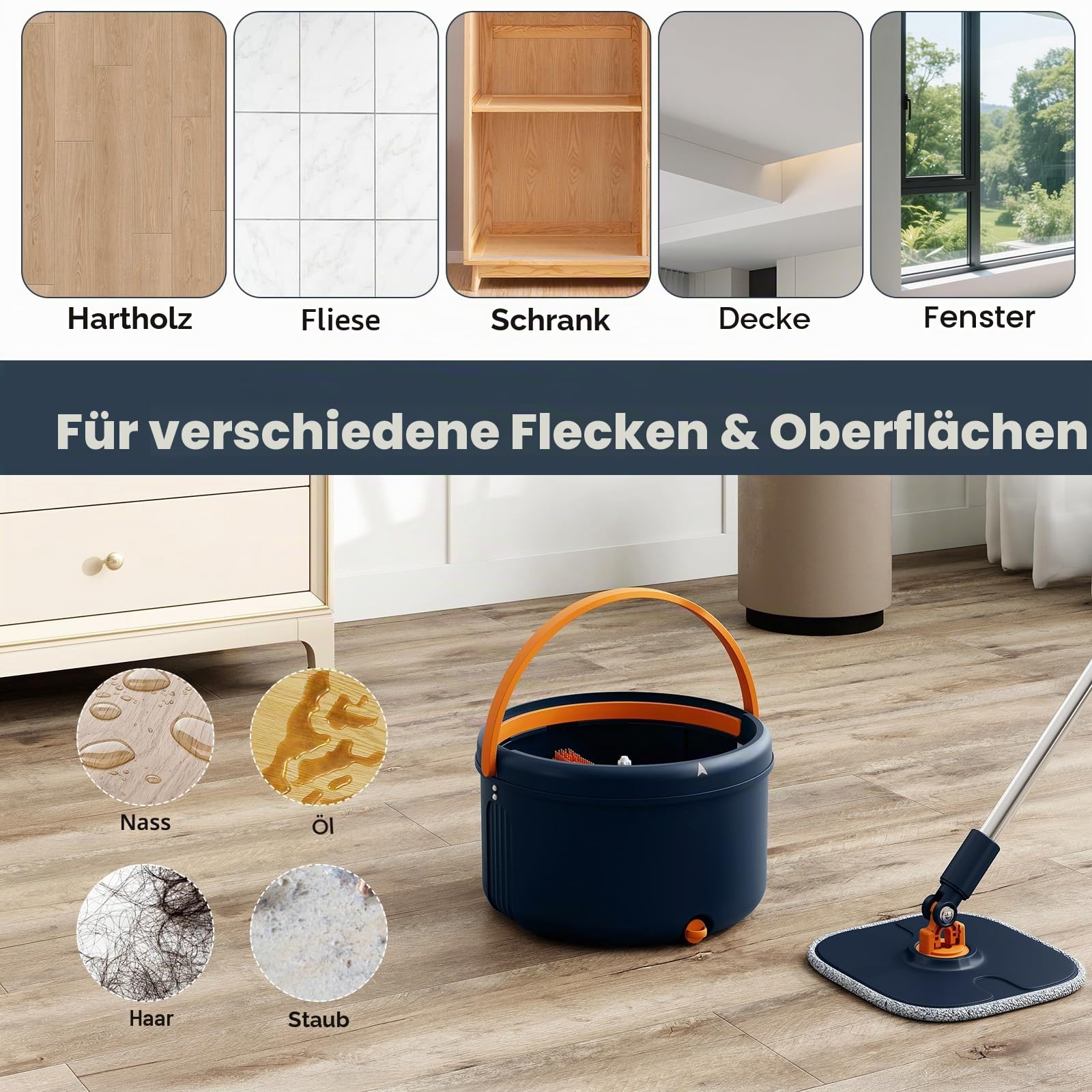 LIFEZEAL Wischmopp Set mit Eimer, Putzeimer mit 360°-Drehmopp & Tücher, Mop Bodenwischer mit Wasch- und Trocknungsfunktion, Bodenreiniger für alle Bodenarten (Blau + 9 Tücher)