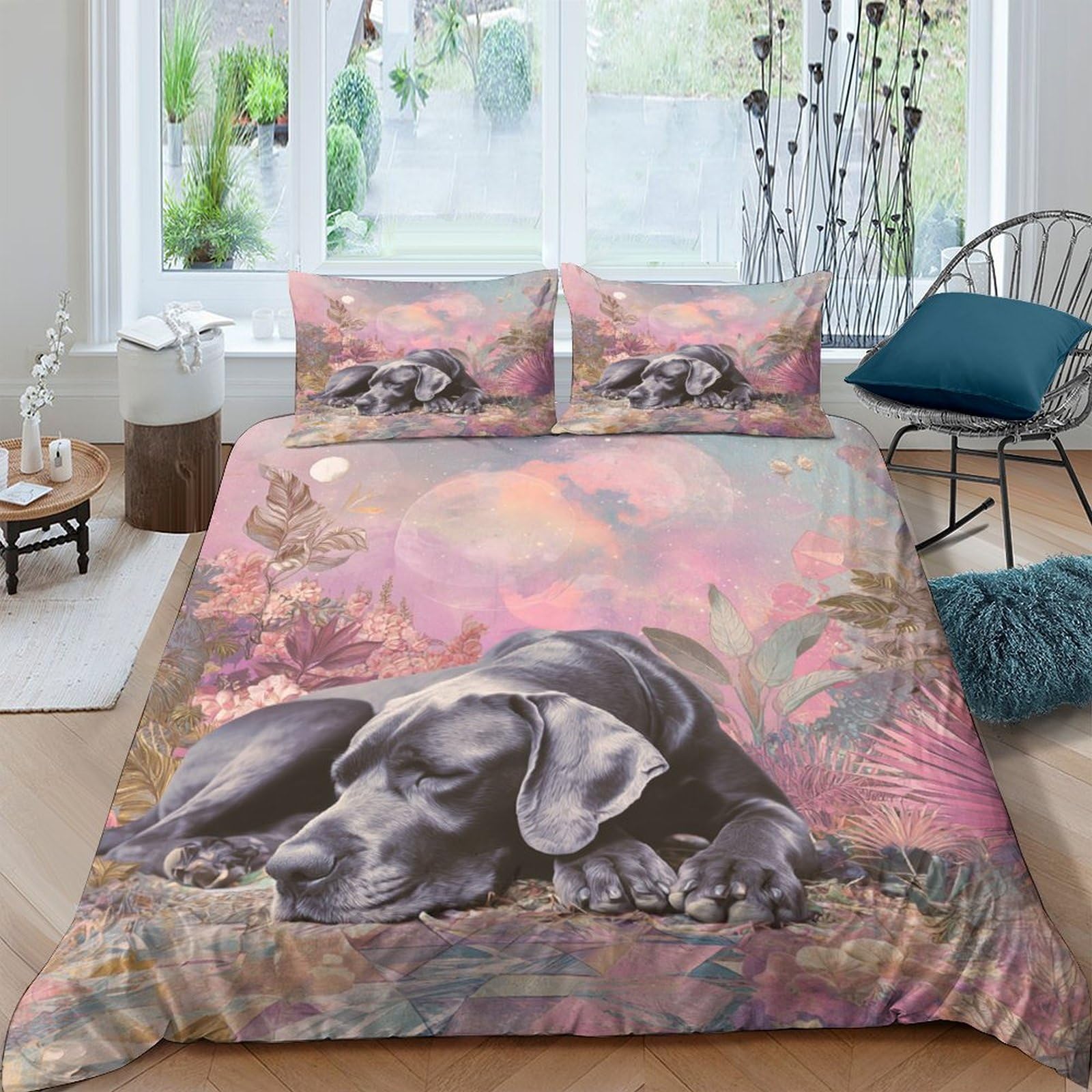 GPLZQXKJNH 3D Printed Black Labrador Duvet Cover Microfiber Breathable Pink Forest Bedding Set with 2 Pillowcases for Bedroom Decor Single（135x200cm）