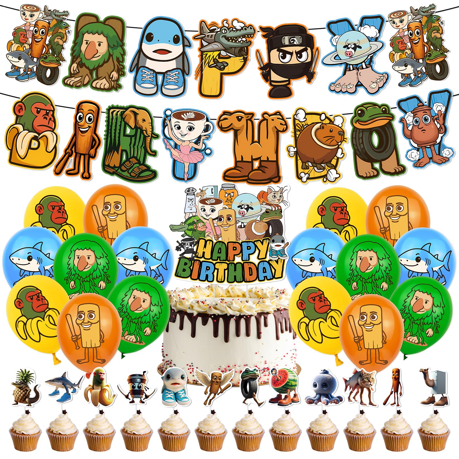 トゥントゥントゥンサフール 誕生日 飾り付け ネットミーム イタリアンブレインロット バースデー 飾り キャラクター 風船 装飾 デコレーション バルーンバナー ケーキトッパー ステッカー 子供 誕生日 お祝い 男の子 女の子