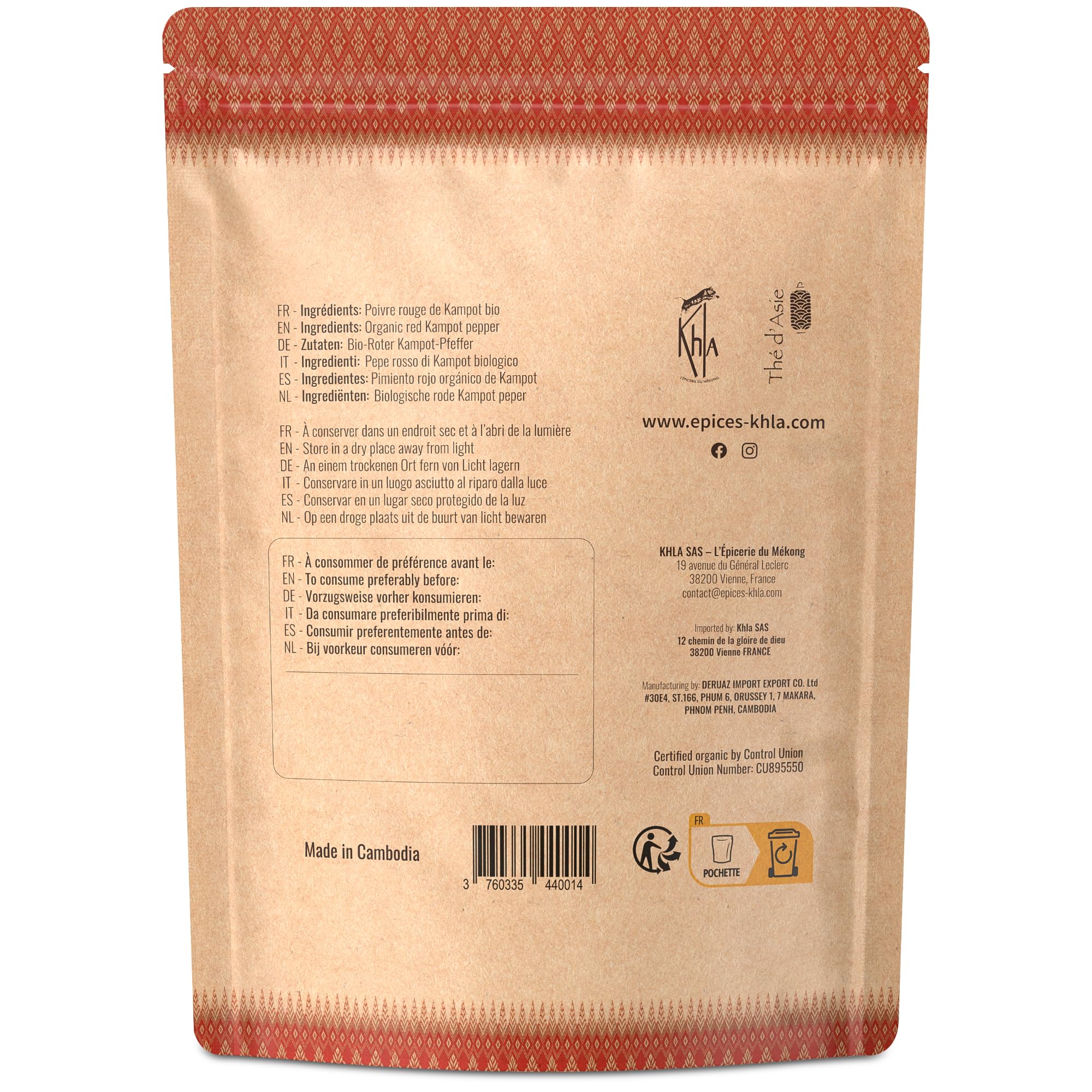 Khla - Poivre Rouge de Kampot Certifié Bio 200 g - Sachet Poivre en Grains Biologique - Grand Cru, Doux & Fruité - Ingrédient Cuisine - Direct Producteur - Épice Asie - Origine Cambodge