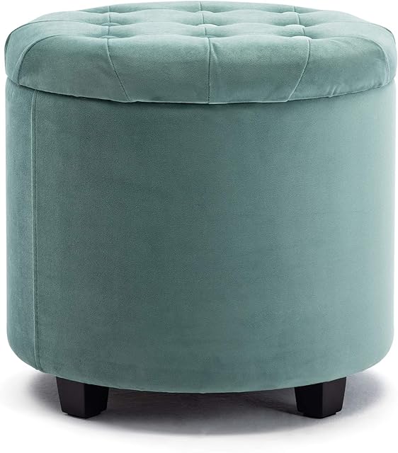 HNNHOME 45cm Round New Velvet Padded Seat Ottoman Storage Stool Box, Footstool Pouffes Chair with Lids (Light Green, Velvet)