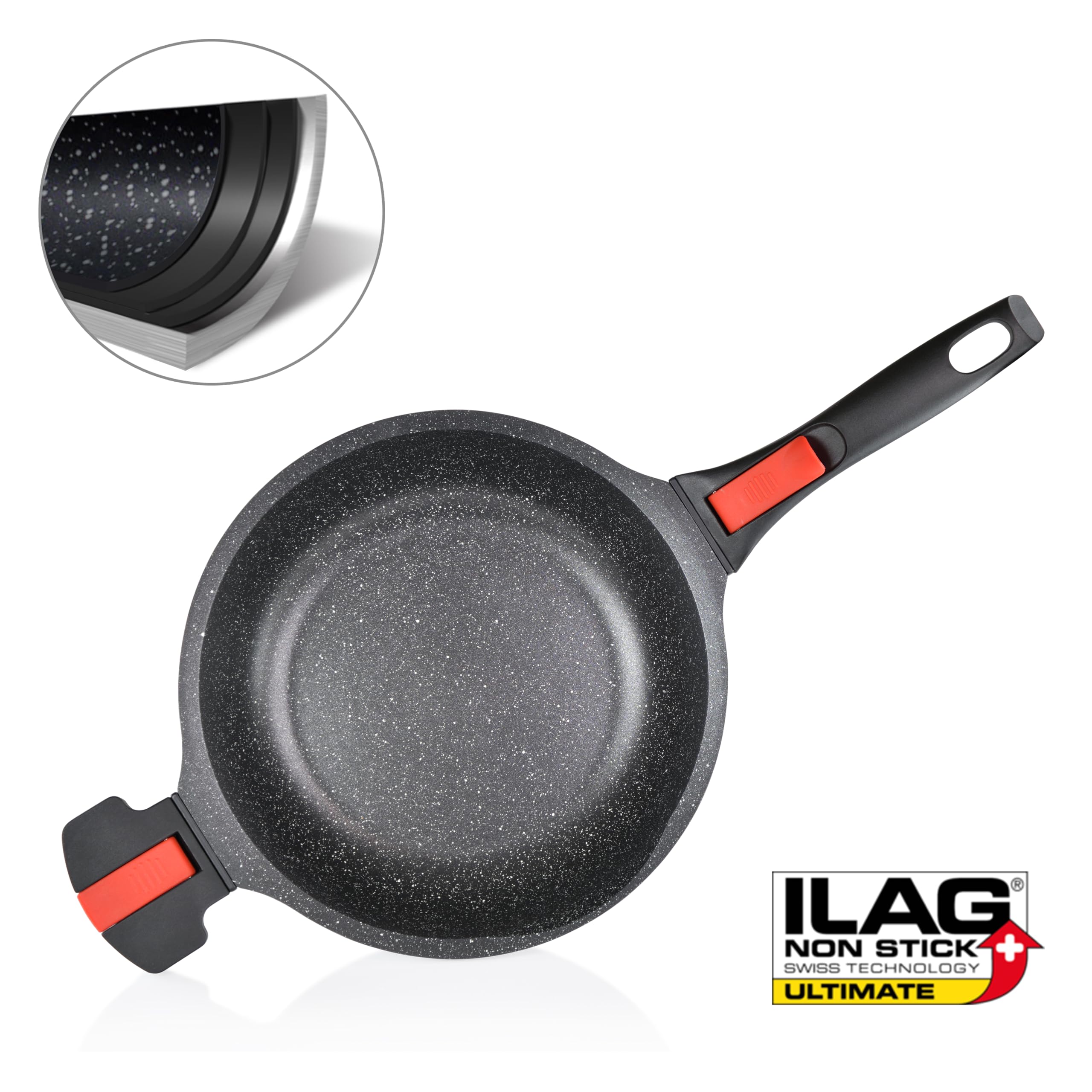 Linnuo Schmorpfanne Bratpfanne 24 cm hoher Rand, Aluguss Pfanne mit Deckel 24cm, abnehmbare Griffe, Antihaft beschichtete Pfanne Induktion, für alle Herden, backofengeeignet, Bratpfanne mit Deckel