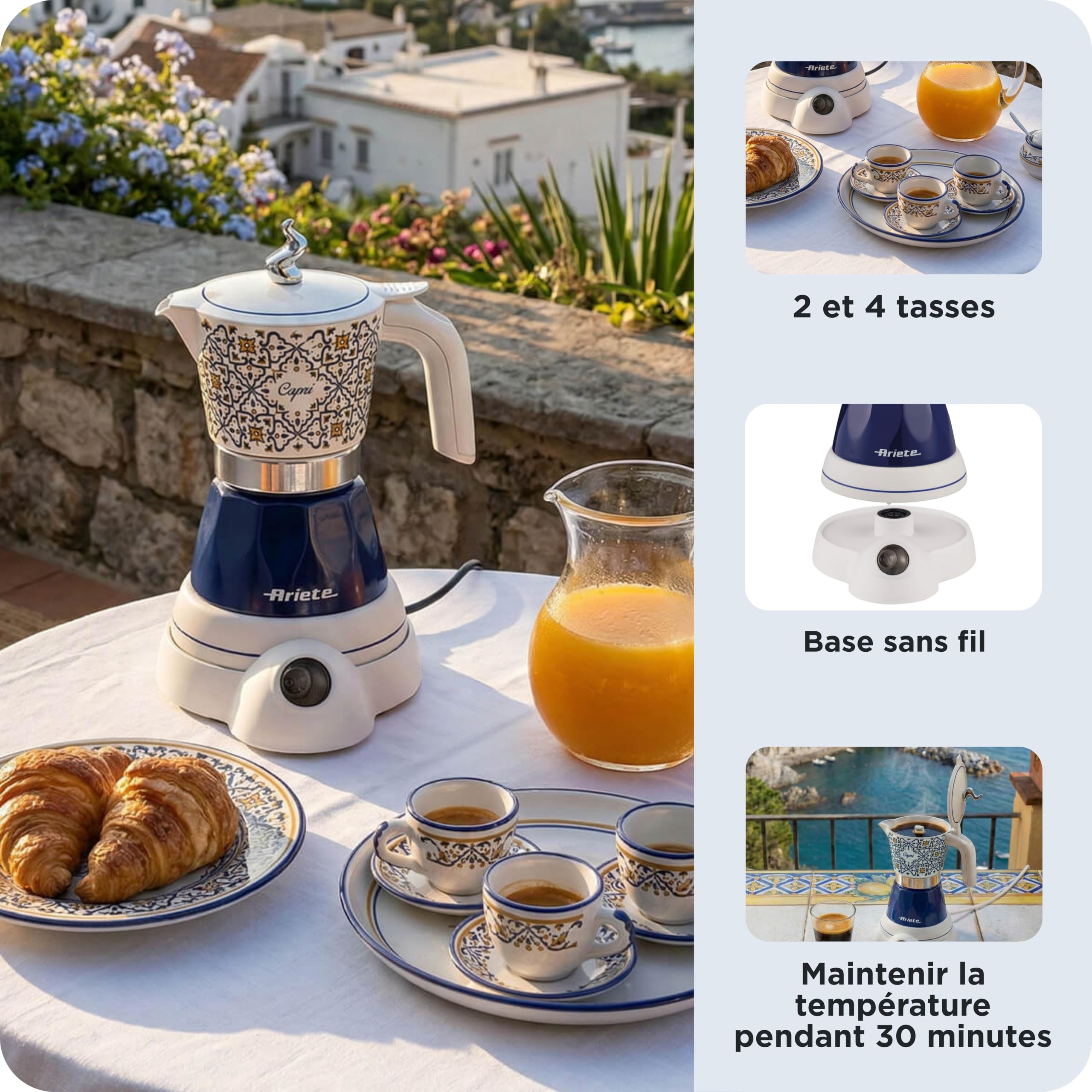 Ariete 1358/1C Moka Aroma Capri, Moka Electrique, 400W, 2/4 Tasses, Sans Fil, Arrêt Automatique, Maintien de la Température