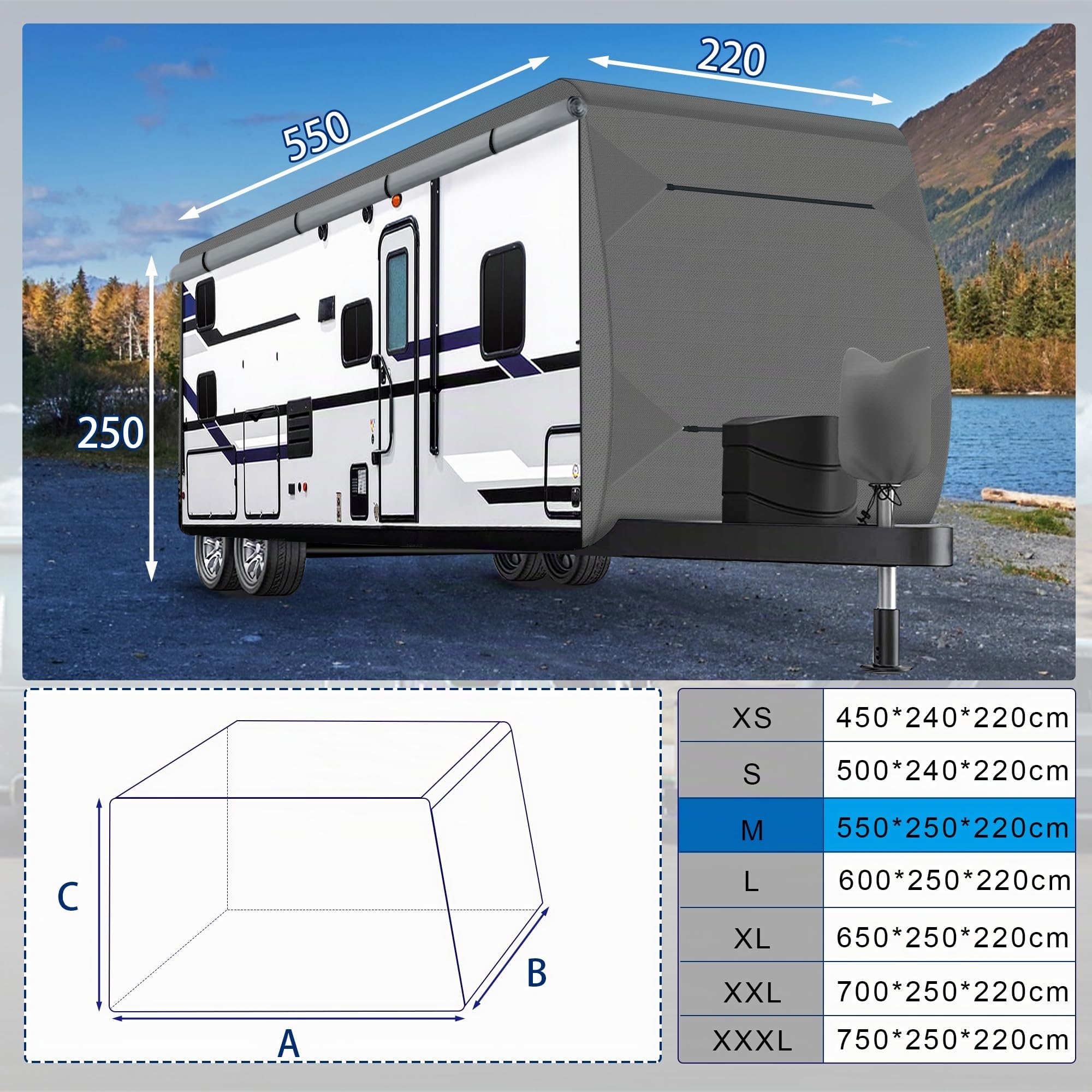 Wohnwagen Schutzhülle 500–550 cm, wasserdichte Wohnwagen Abdeckung | UV-beständige und Frostsichere Wohnwagenhülle, Atmungsaktive Schutzhülle für Wohnwagen mit Zubehör