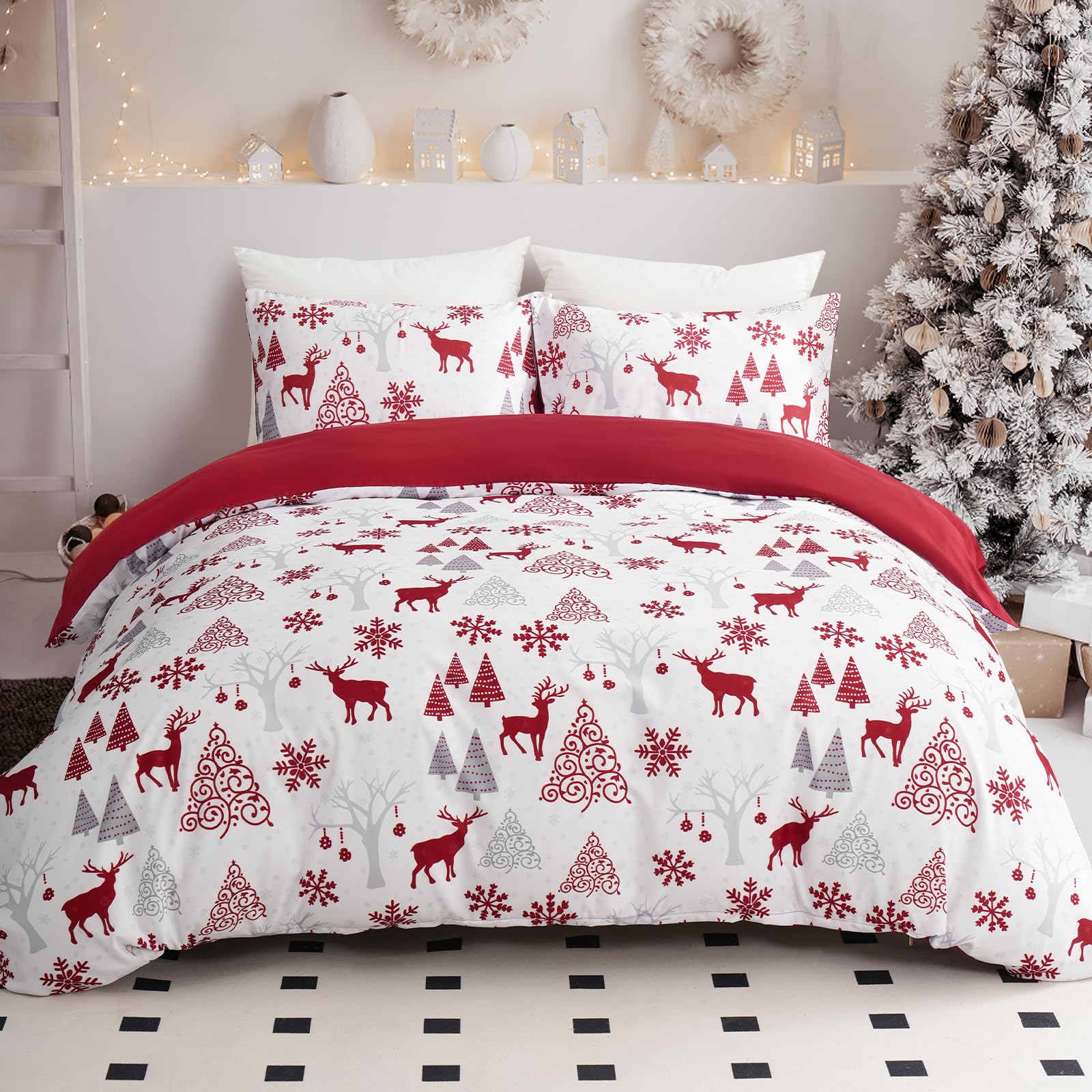 Drucon Christmas Duvet Cover Set King Reindeer Snowflakes Bedding Set Soft Microfiber Duvet Cover with 2 Pillowcases for Home Decoration