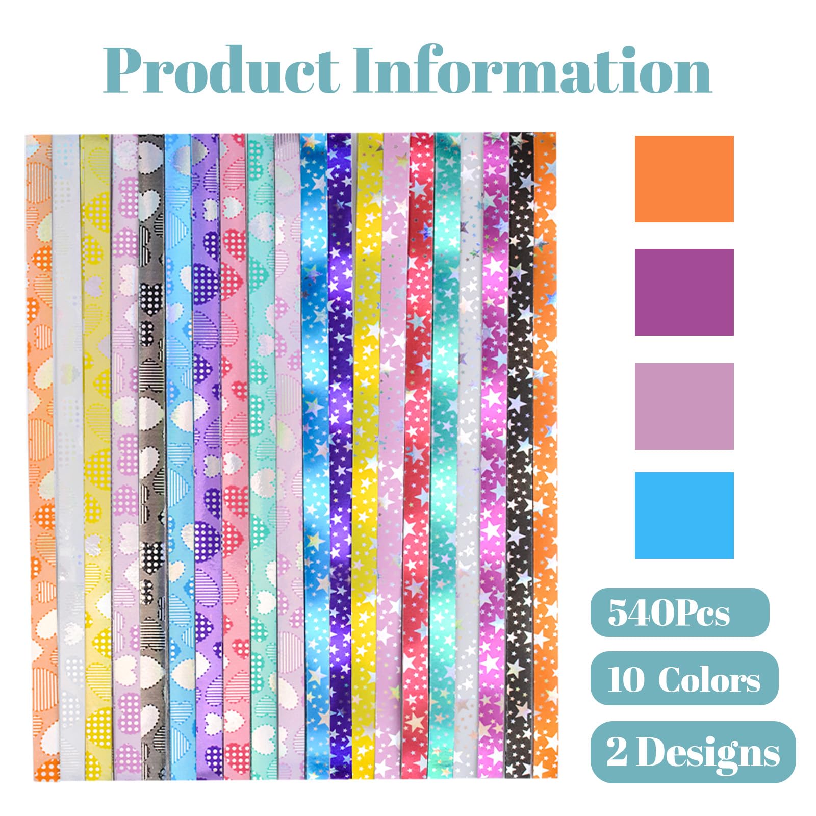 URROMA 540Pcs Heart & Star Pattern Origami Star Paper Strips Glitter Colorful Print Lucky Star Paper Strips for DIY Handcrafts School Teaching - Image 2