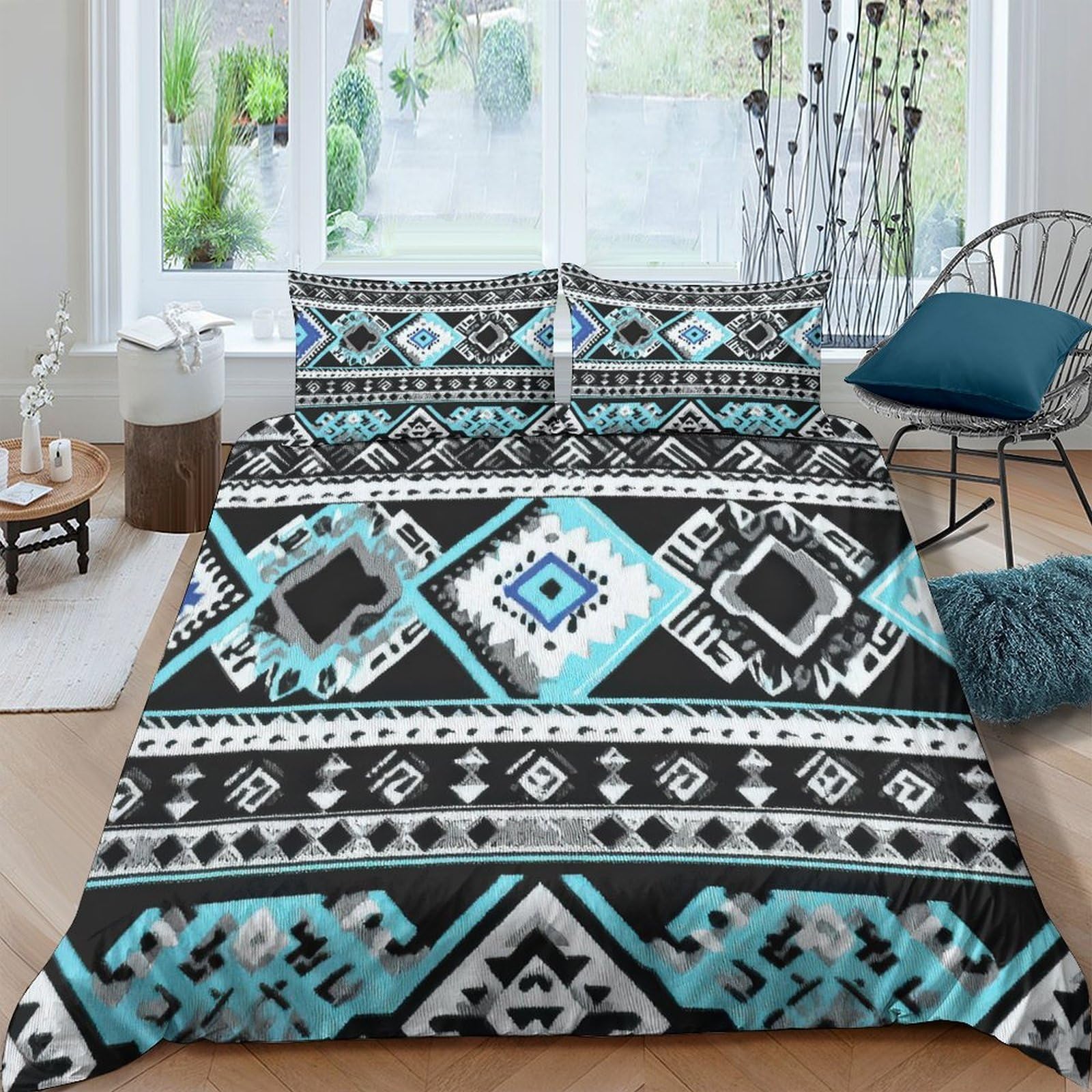 Ctjqhvkz Style-9 3D Printed Geometric Aztec Fitted Sheet Microfiber Soft Blue Black Tribal Mattress Cover For Bedroom Dorm Decor Single（135X200cm）