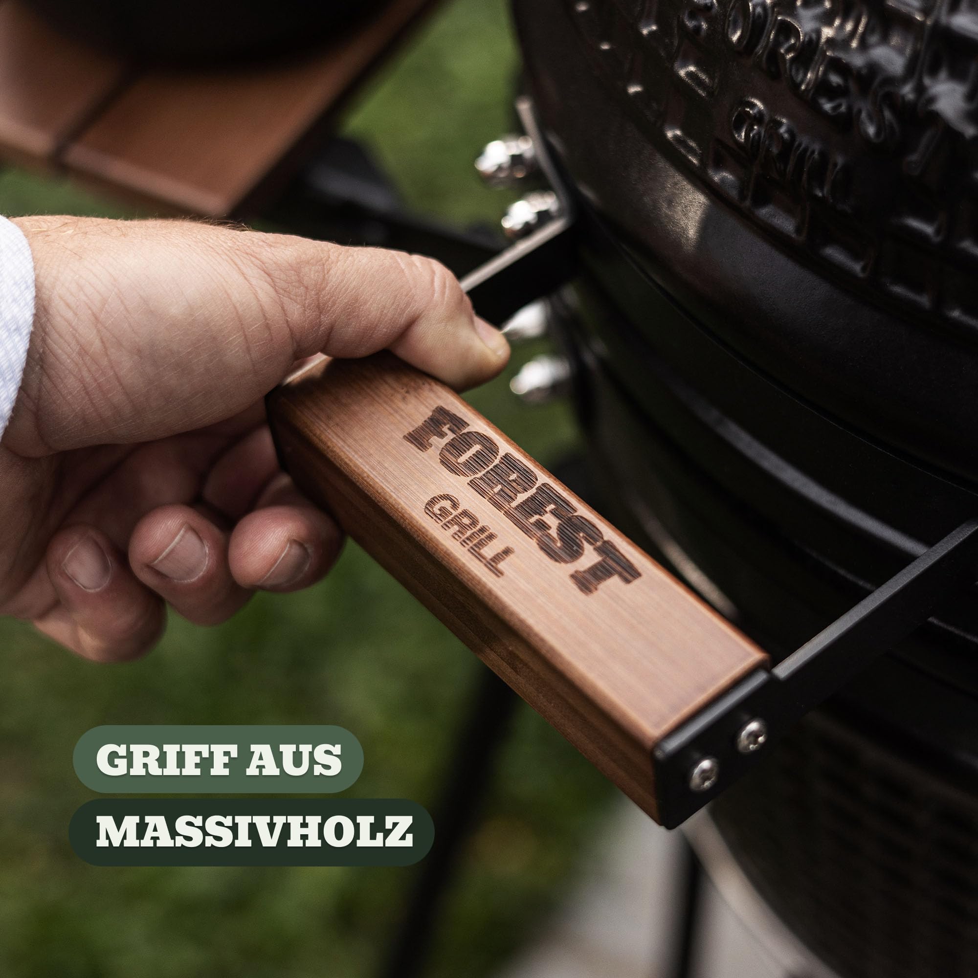 Kamado Forest Grill 16’’ M – Keramikgrill mit 2,8 cm starker Keramik, Edelstahl-Grillrost Ø 34 cm (4 mm), mobiler Edelstahlwagen mit 4 Rollen und geschütztem Kamin