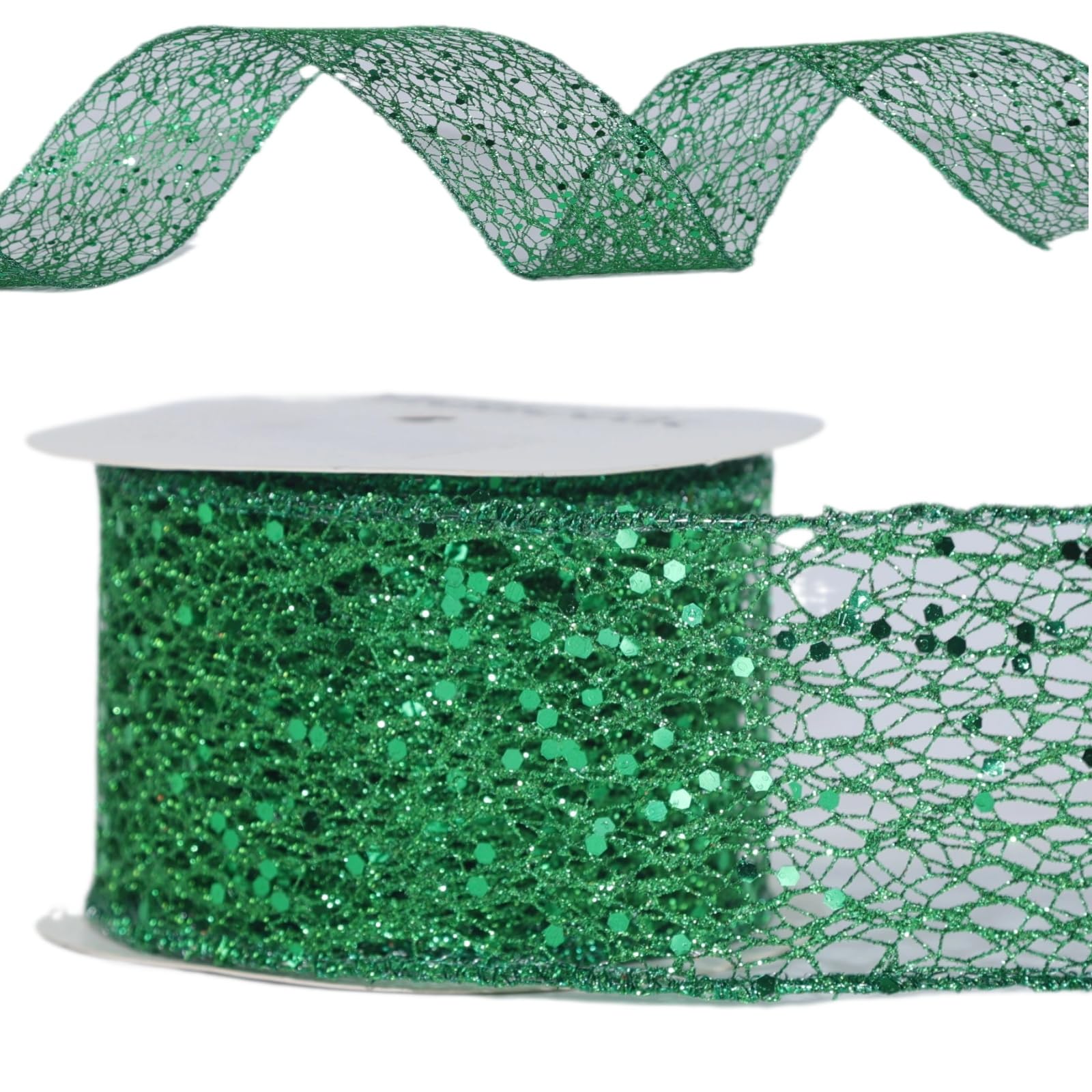 Dekoband Geschenkband mit Draht Weihnachten, Glitzer Schleifenband mit Drahtkante Grün, Weihnachtsband Breit 63mm, 9 Meter Lang, Bänder zum Basteln Dekorieren Geschenkverpackung