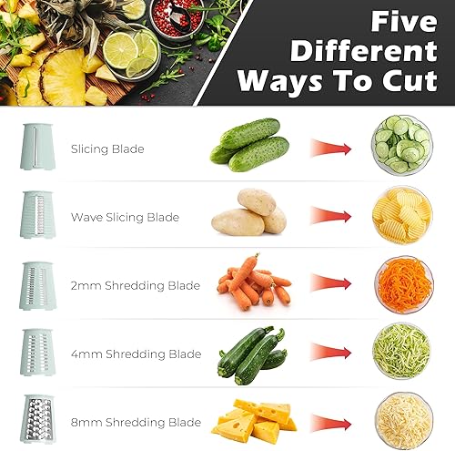 Miniatura 6 de Rallador de queso giratorio con manivela manual de 5 en 1 con cuchillas intercambiables y base de succión fuerte para verduras, triturador manual y