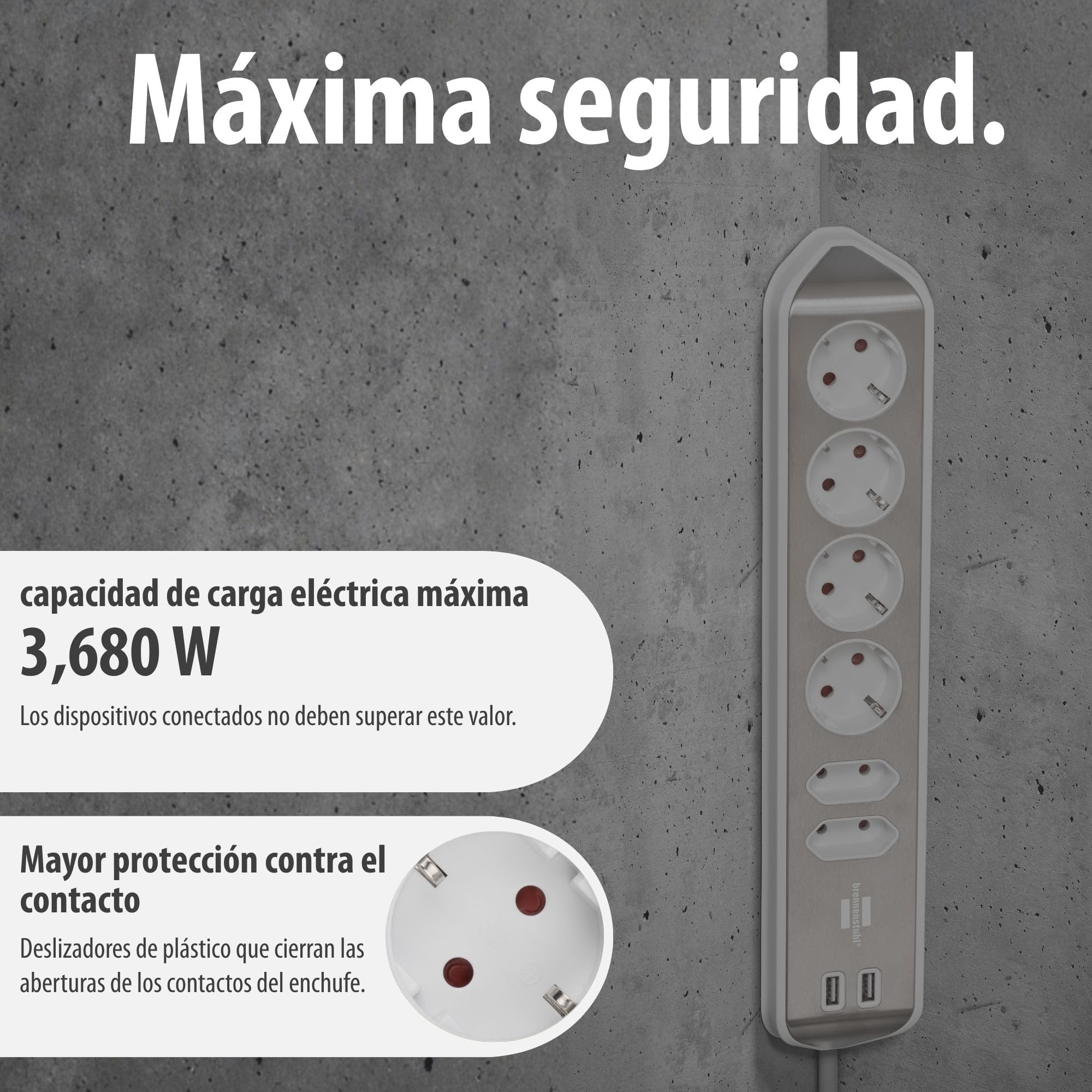 Brennenstuhl regleta de enchufes en Forma Esquina con 6 Tomas de Corriente y USB (4X Tomas de Corriente, 2X Euro, 2X Carga USB, Superficie de Acero Inoxidable) Plateado/Blanco